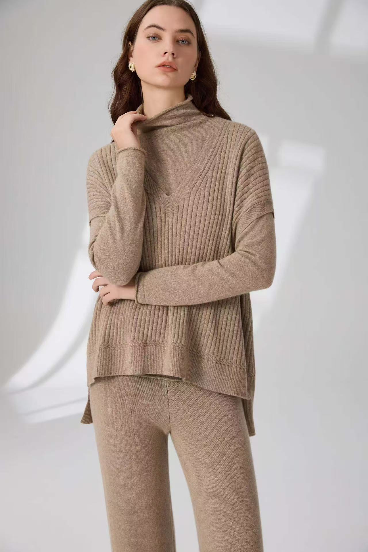 100% Pure Cashmere V-Neck Ribbed Vest & Roll-Neck Base Top