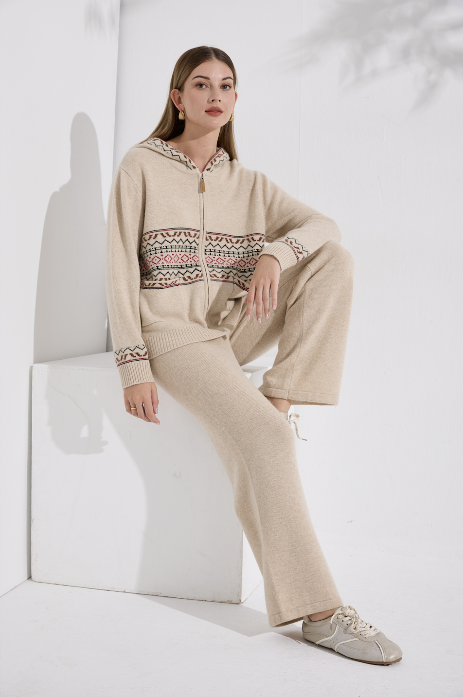 100% Pure Cashmere Heavyweight Oatmeal Fair Isle Hooded Knit Jacket