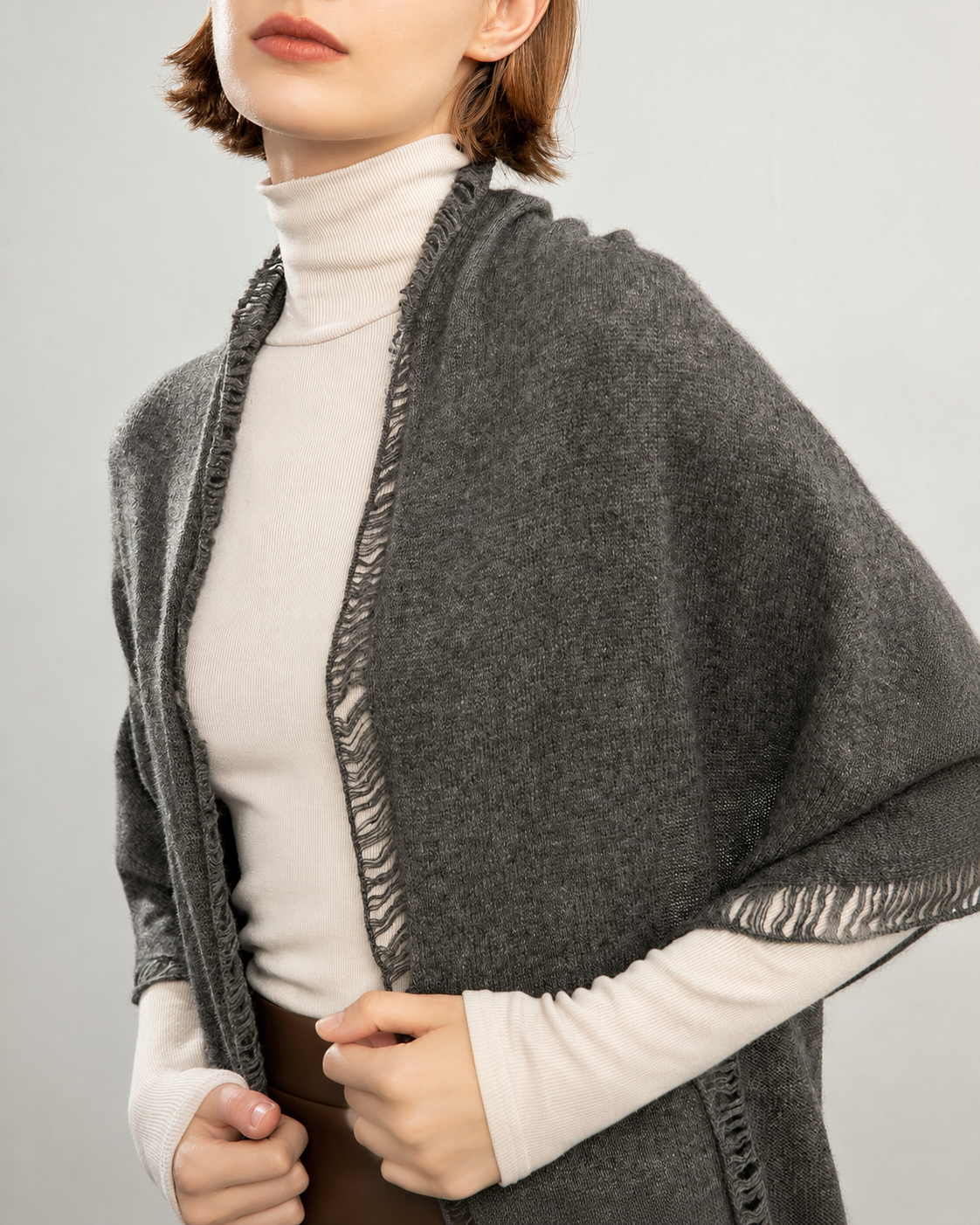100% Pure Cashmere Frayed-Edge Scarf – Charcoal Grey