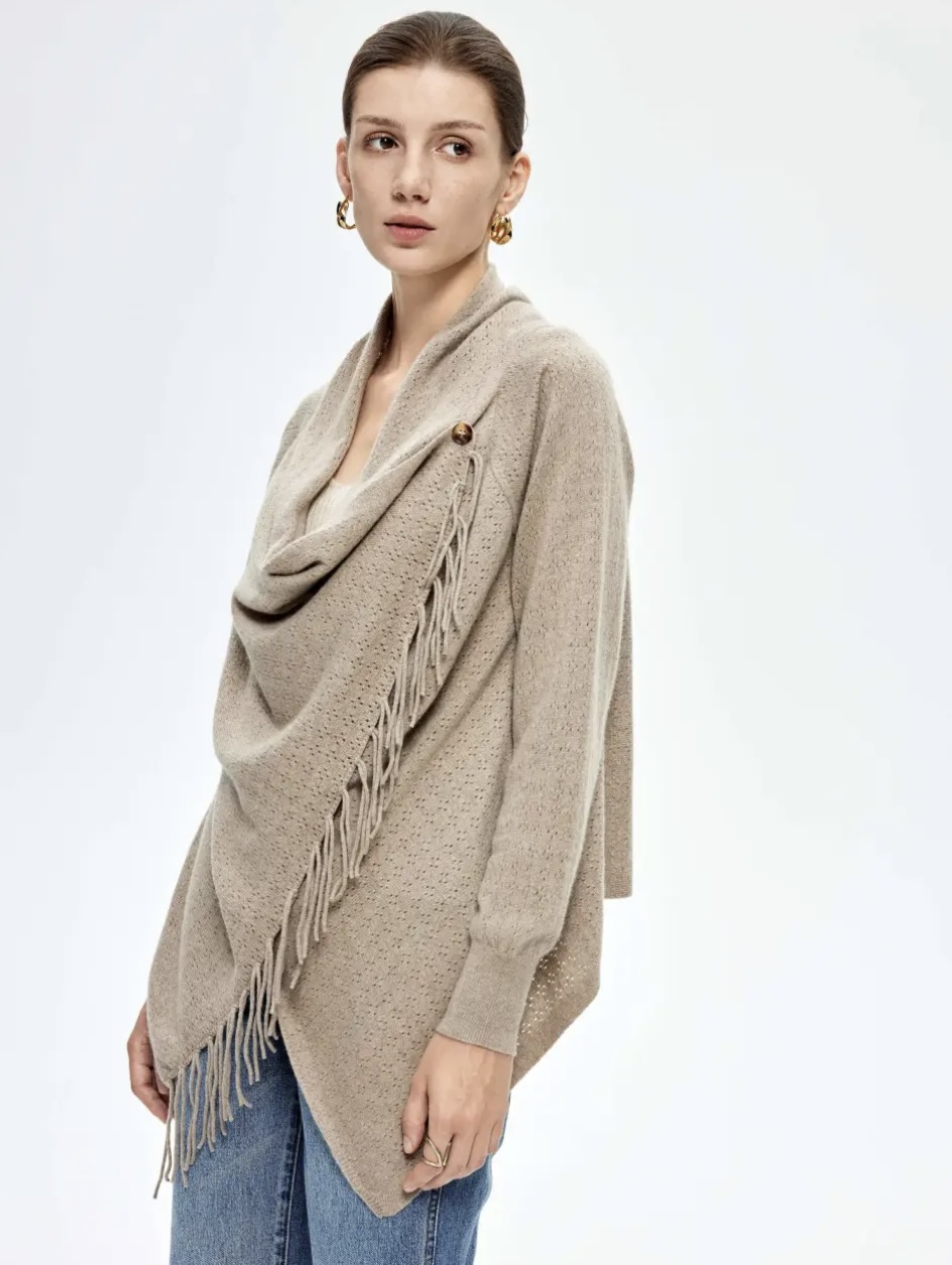 100% Pure Cashmere Sleeved Wrap Shawl | One-Button Draped Design | Organic Undyed