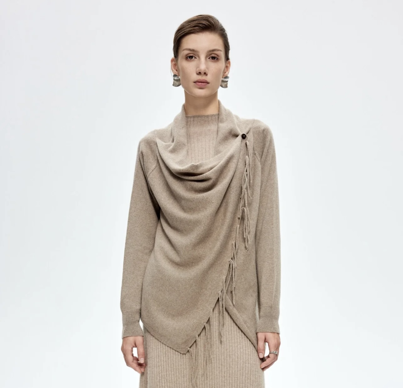 100% Pure Cashmere Sleeved Wrap Shawl | One-Button Draped Design | Organic Undyed
