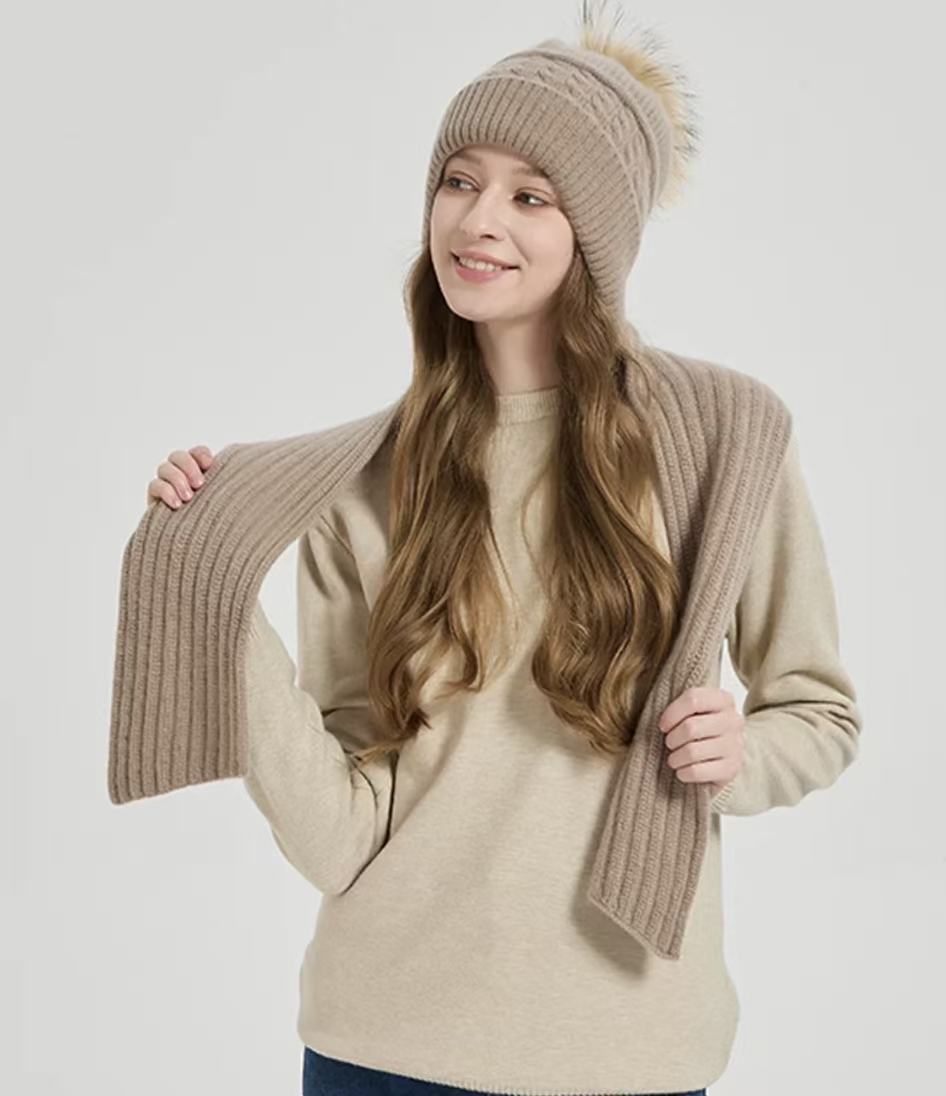 100% Pure Cashmere Cable-Knit Pom-Pom Hooded Scarf