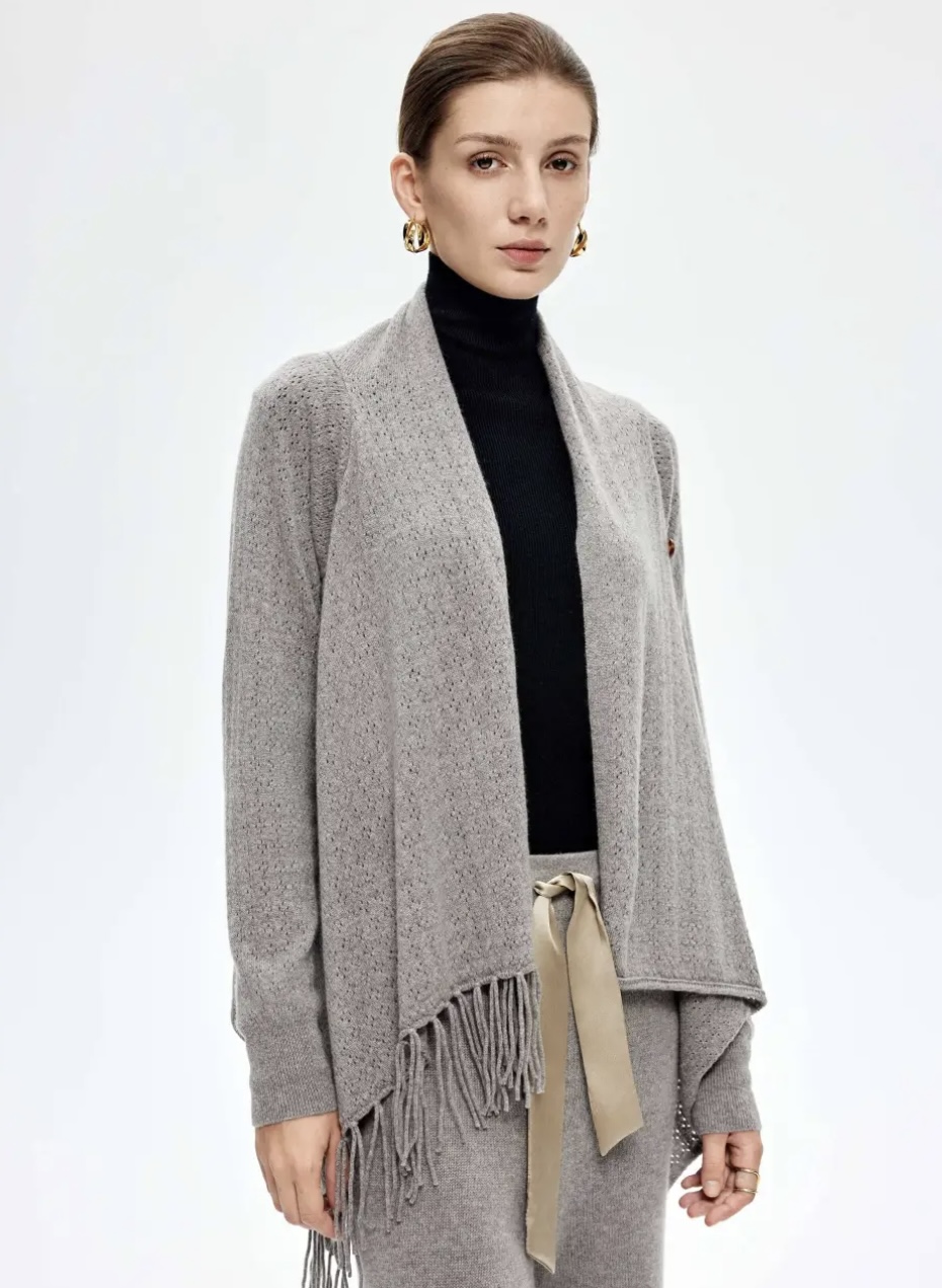 100% Pure Cashmere Fringe Shawl Cardigan Top
