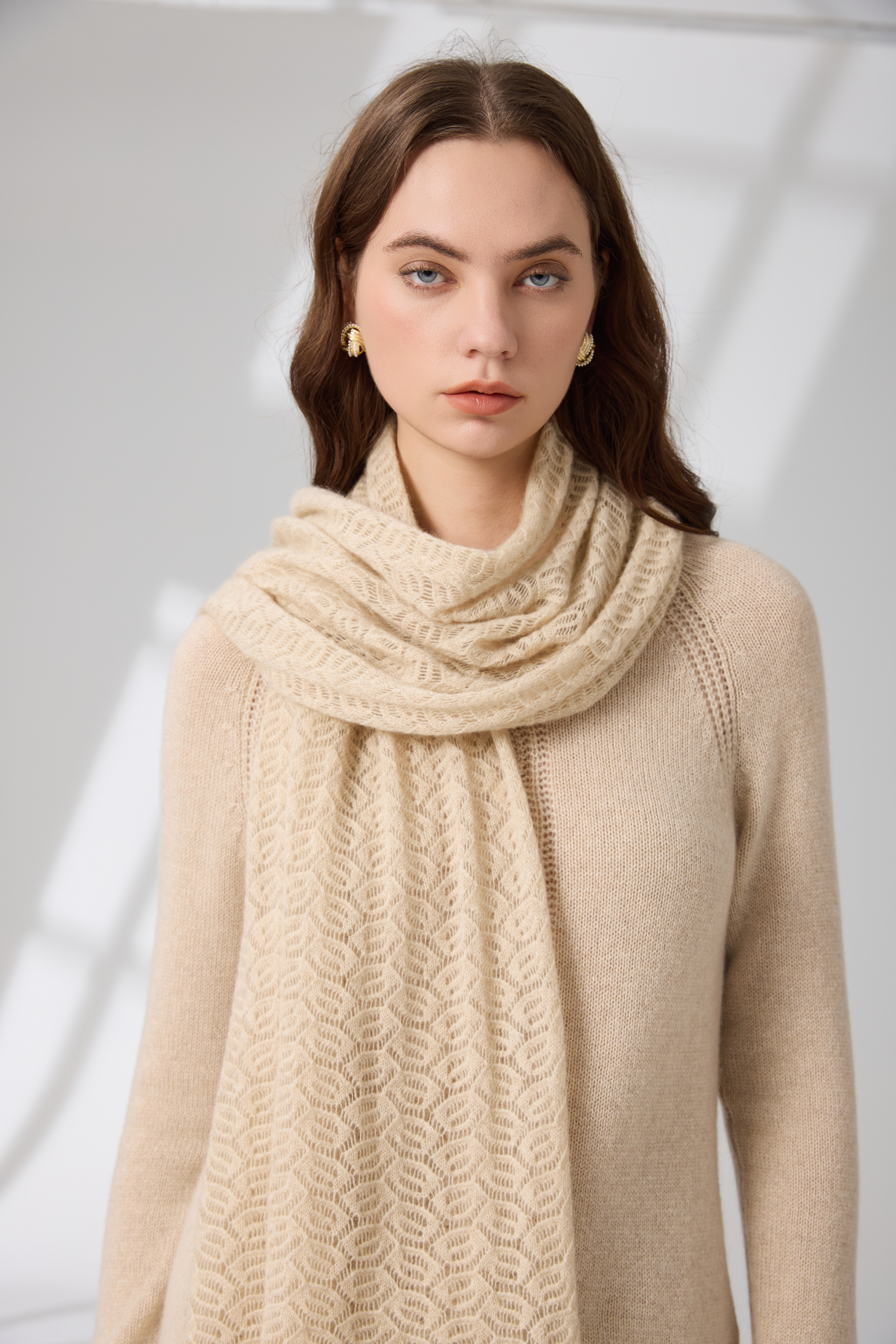 100% Pure Cashmere Leaf Openwork Scarf – Organic Undyed Oatmeal