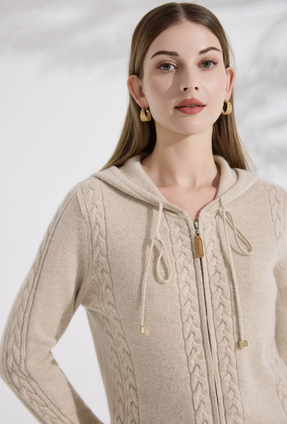 Women’s 100% Pure Cashmere Undyed Oatmeal Hooded Knit Jacket