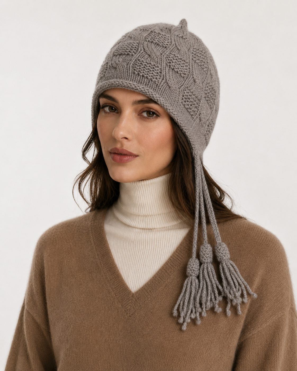 100% Pure Cashmere Hand-Knitted Tassel Earflap Hat