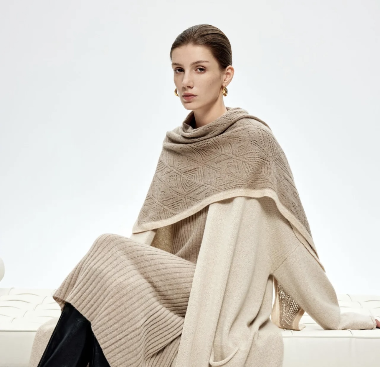 100% Pure Cashmere Geometric Triangle Shawl in Soft Taupe