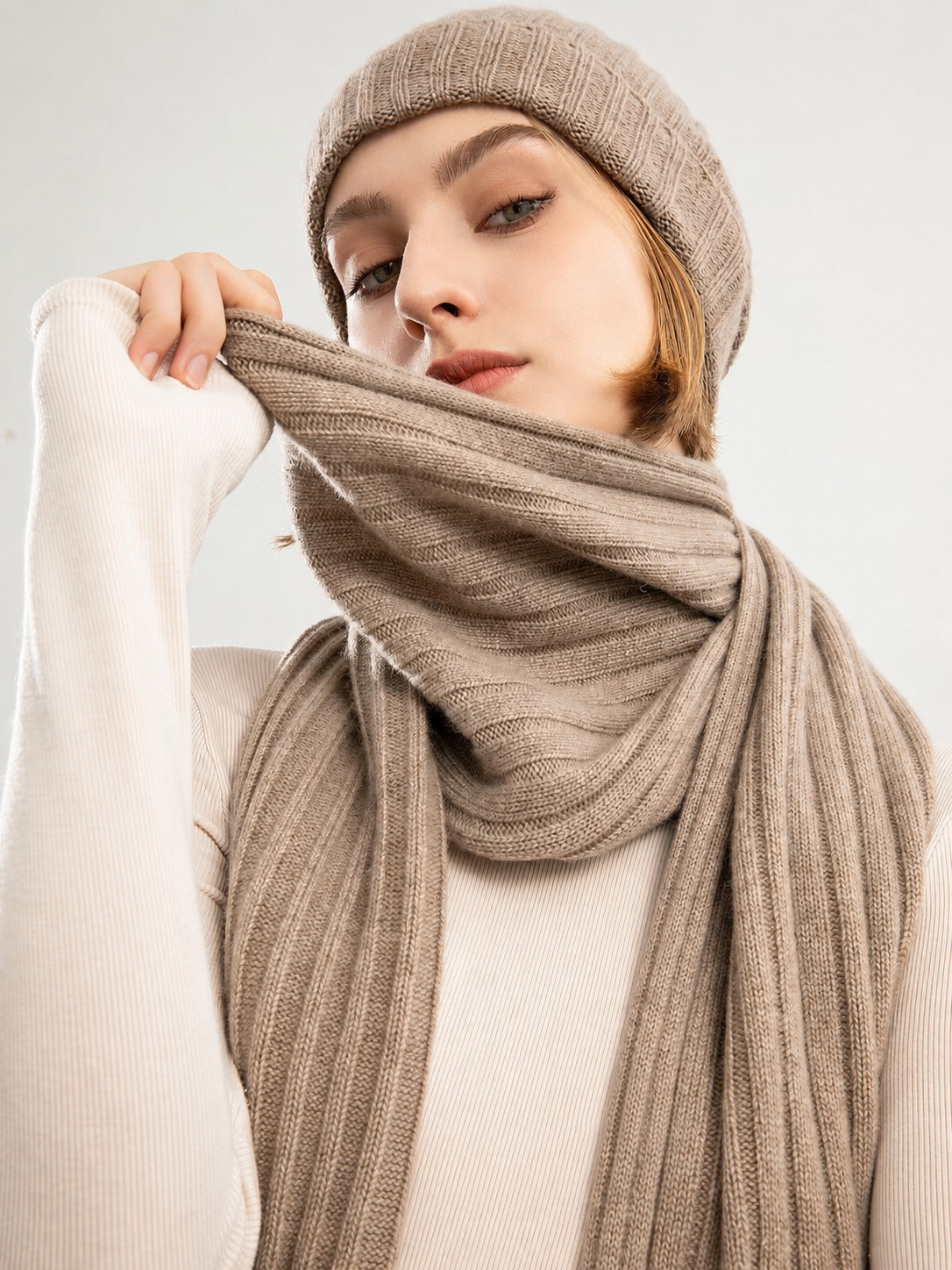 100% Pure Cashmere Designer Ribbed Scarf & Beanie Set