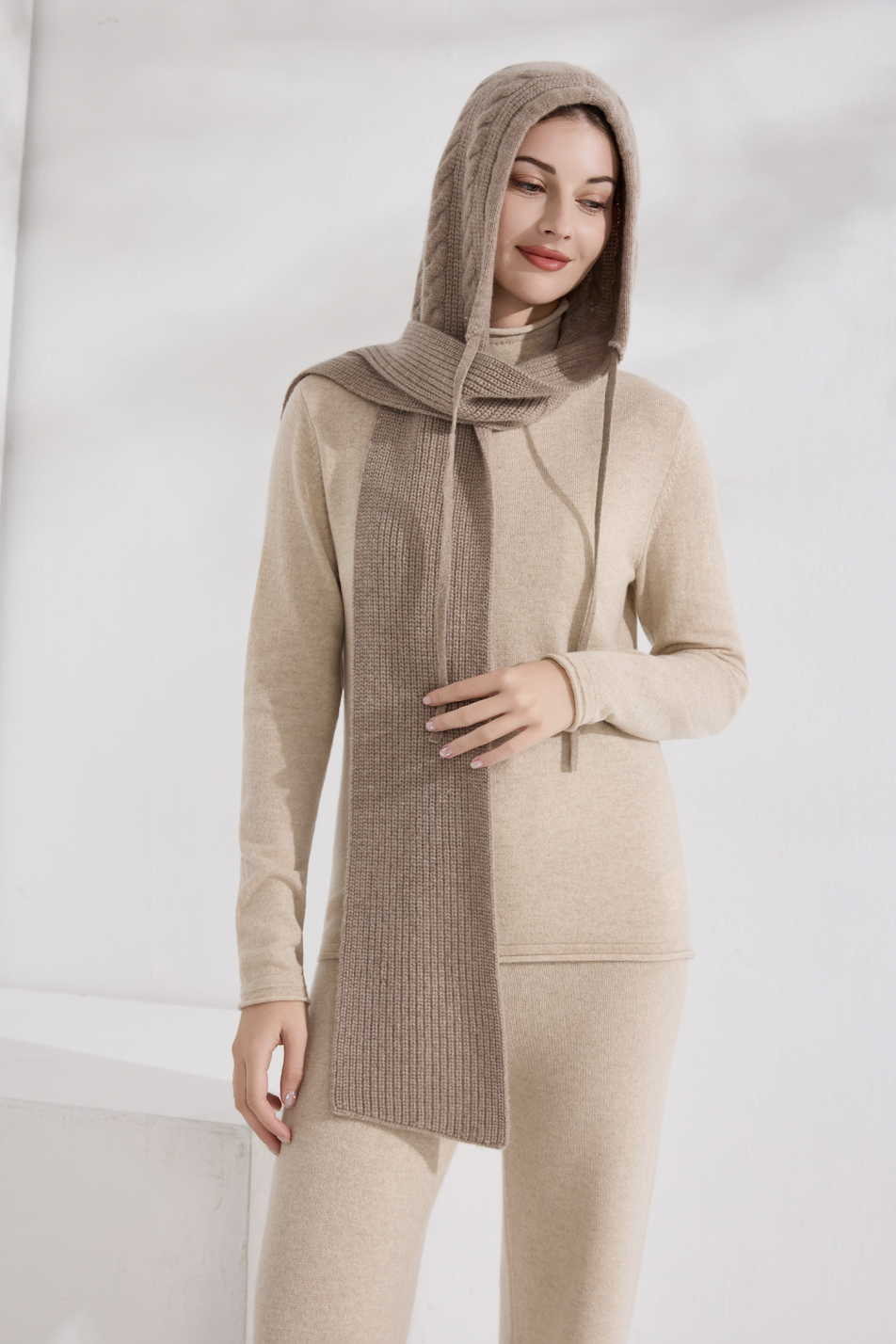100% Pure Cashmere Cable Knit Hooded Scarf