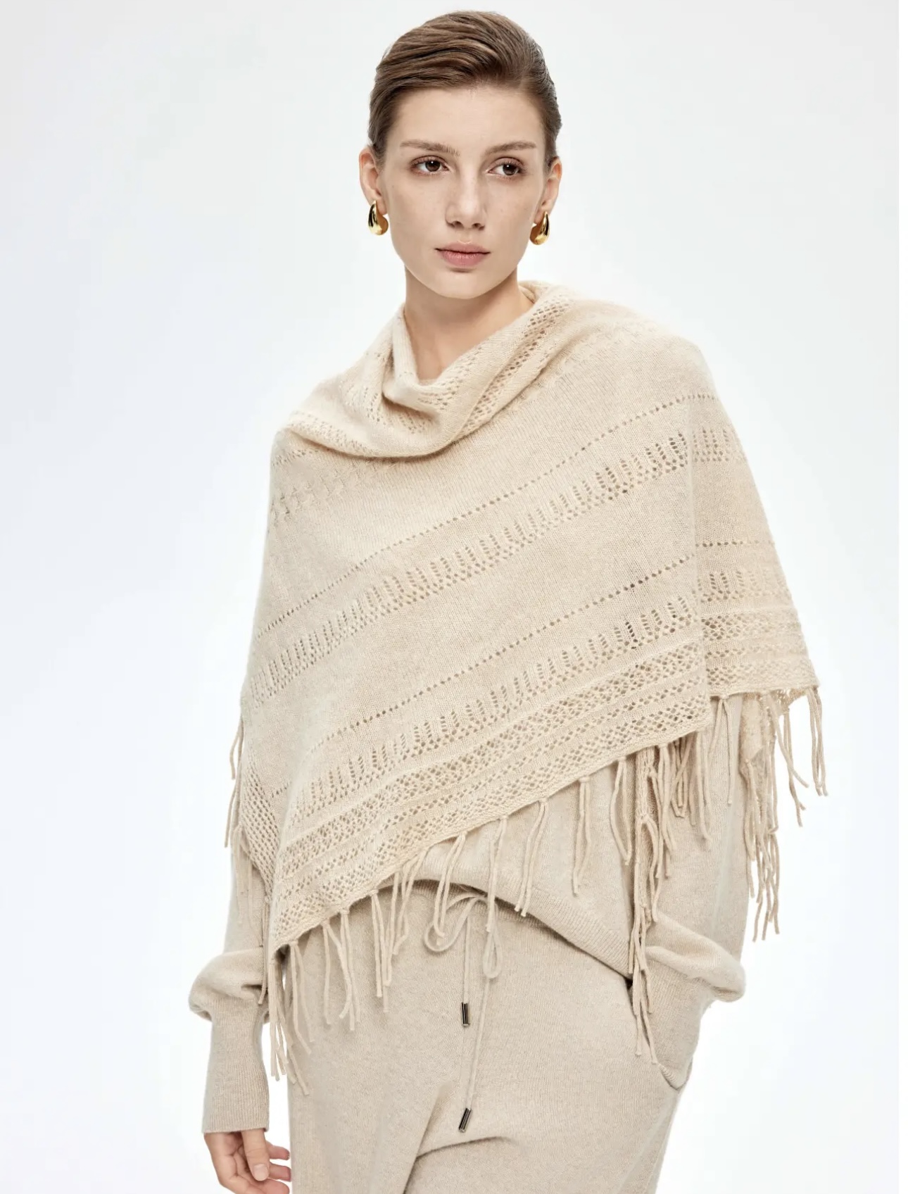 100% Pure Cashmere Oatmeal Fringed Triangle Shawl