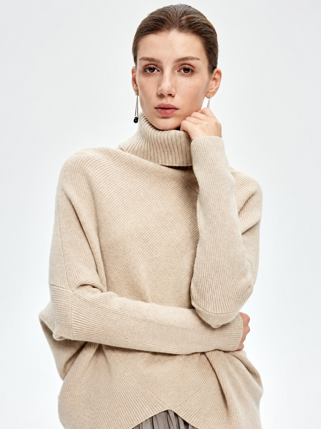 100% Pure Cashmere Designer Asymmetric Turtleneck Knit