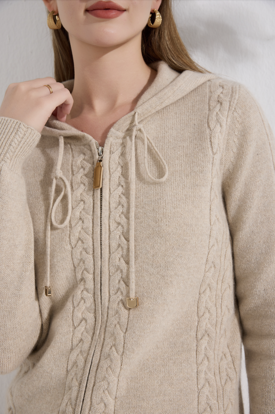 Women’s 100% Pure Cashmere Undyed Oatmeal Hooded Knit Jacket