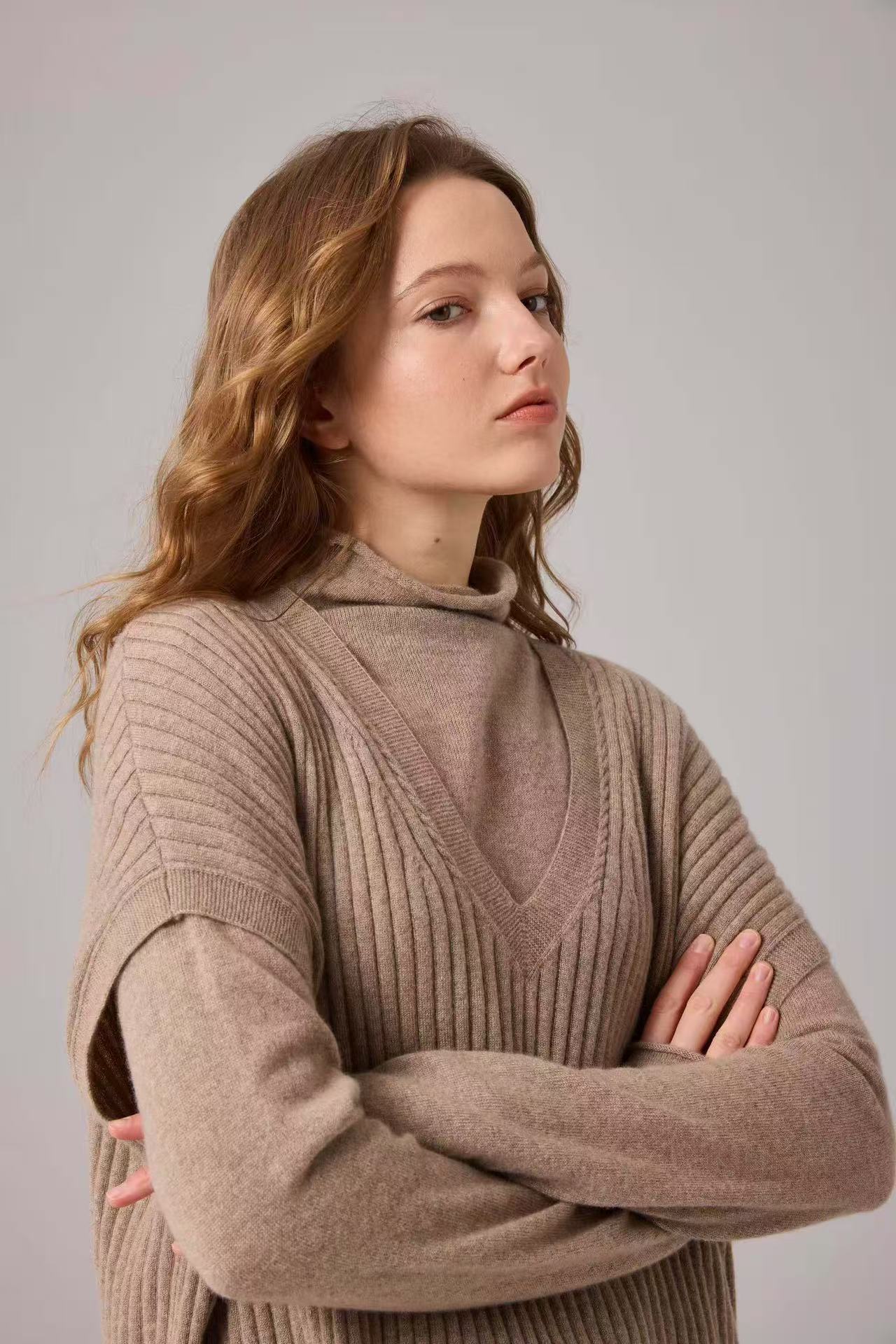 100% Pure Cashmere V-Neck Ribbed Vest & Roll-Neck Base Top