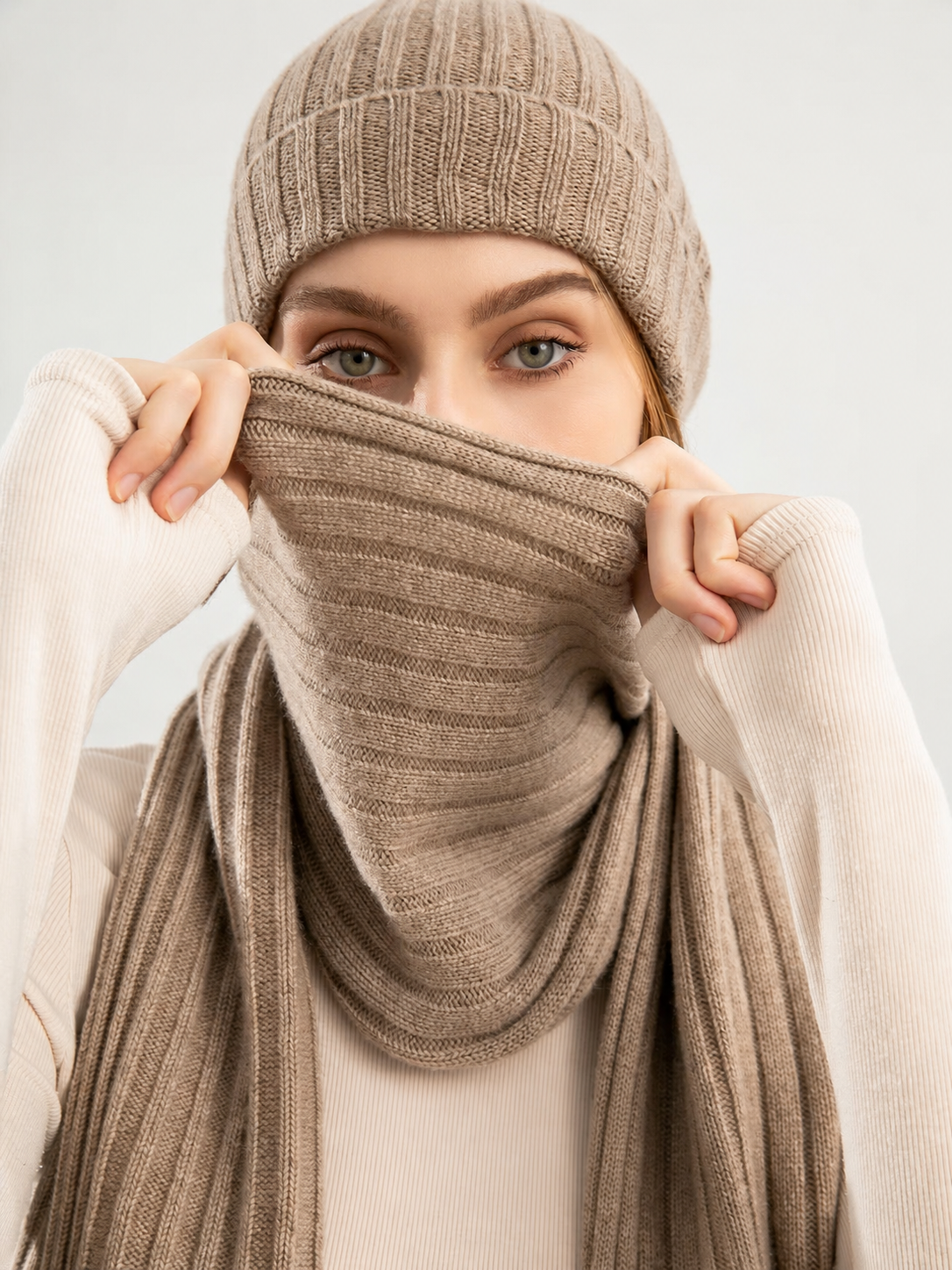 100% Pure Cashmere Designer Ribbed Scarf & Beanie Set
