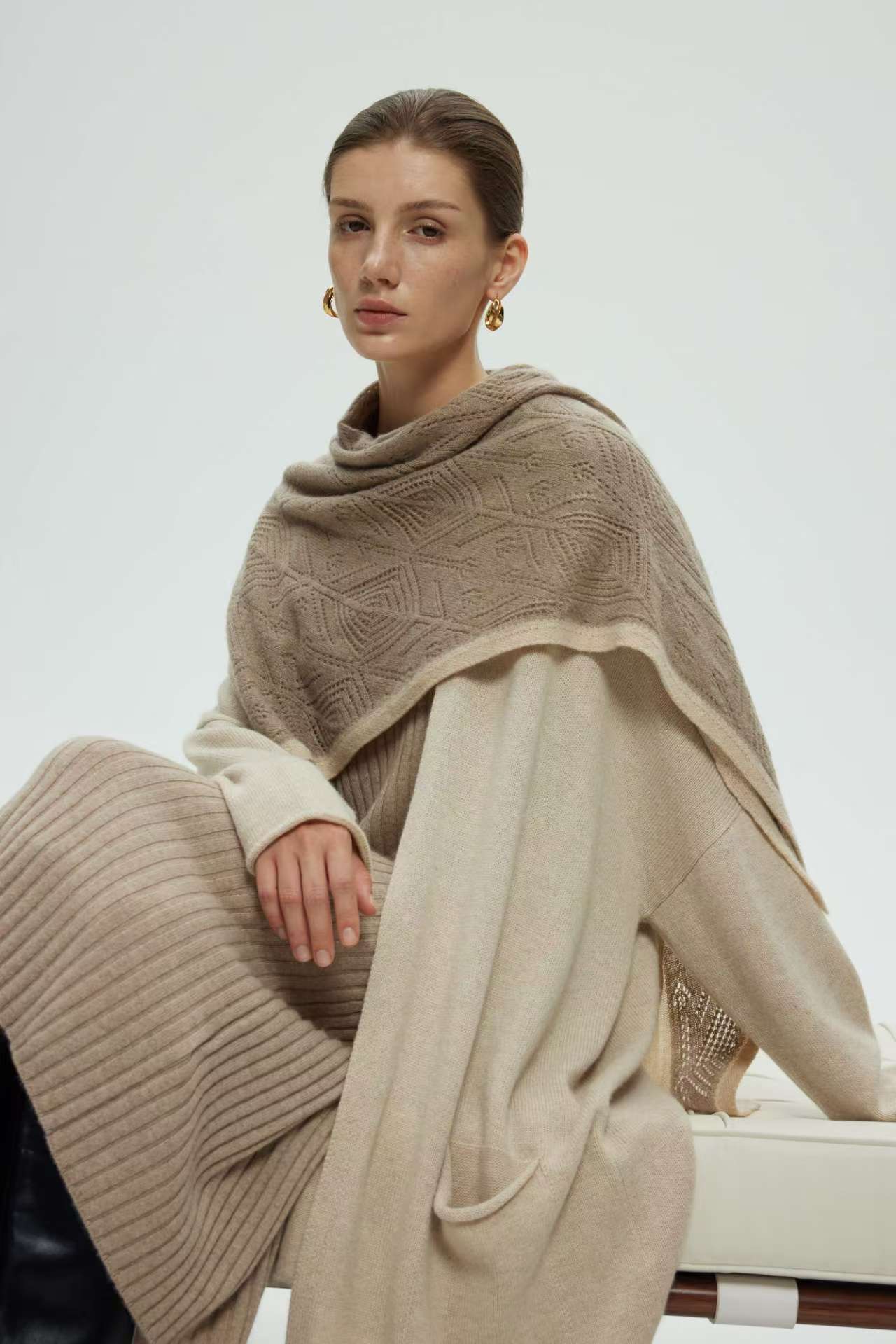 100% Pure Cashmere Geometric Triangle Shawl in Soft Taupe