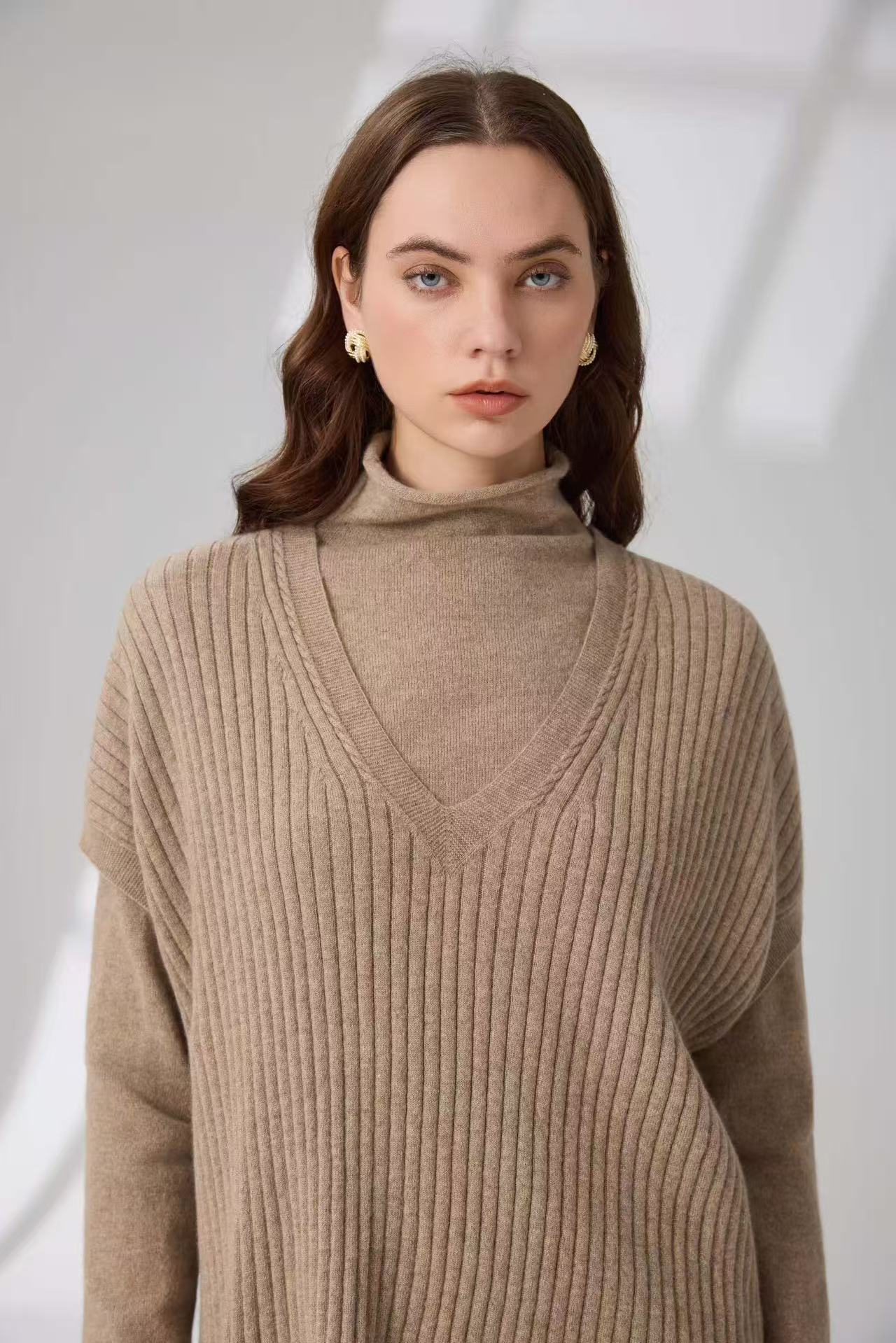 100% Pure Cashmere V-Neck Ribbed Vest & Roll-Neck Base Top