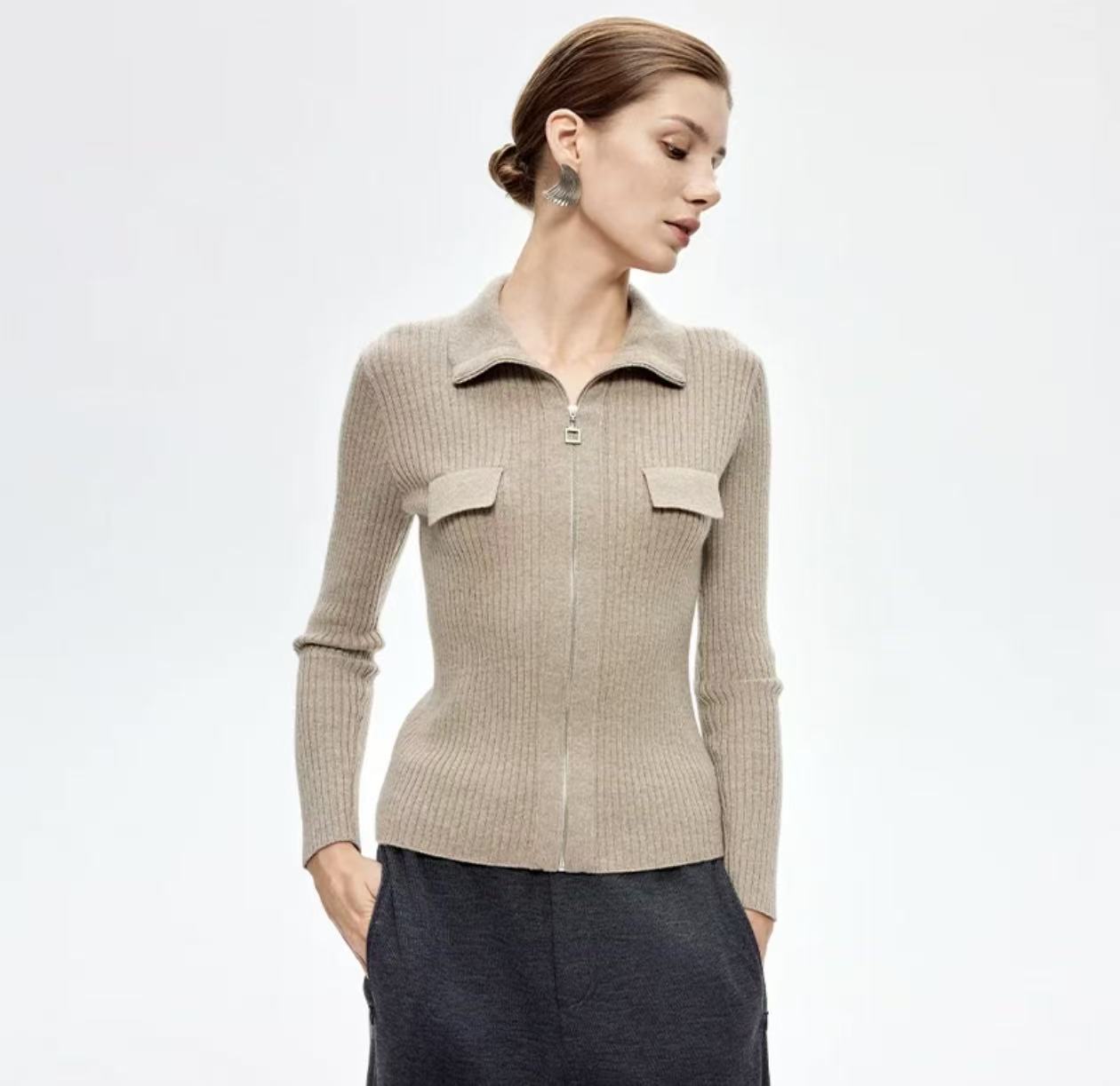 100% Pure Cashmere Ribbed Zip Cardigan
