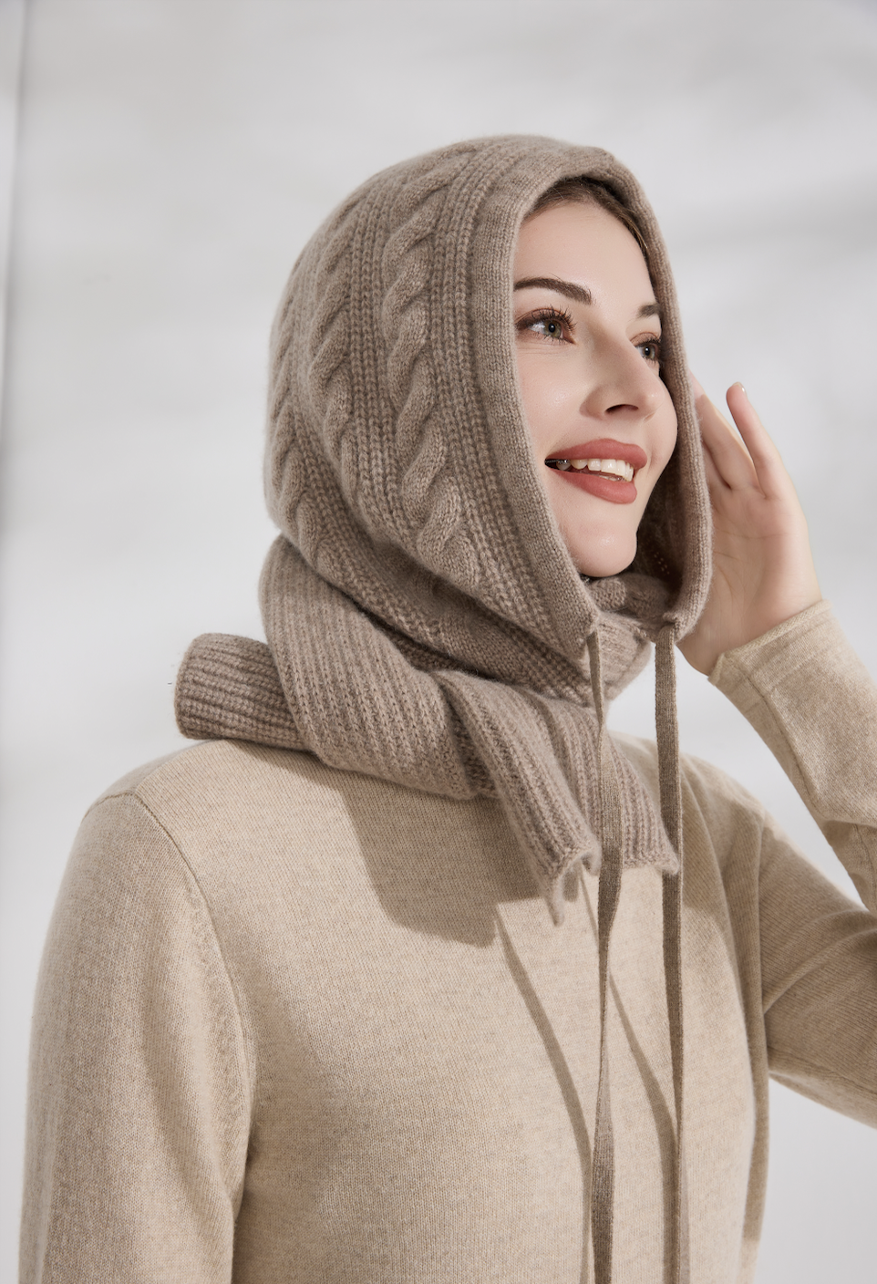 100% Pure Cashmere Cable Knit Hooded Scarf