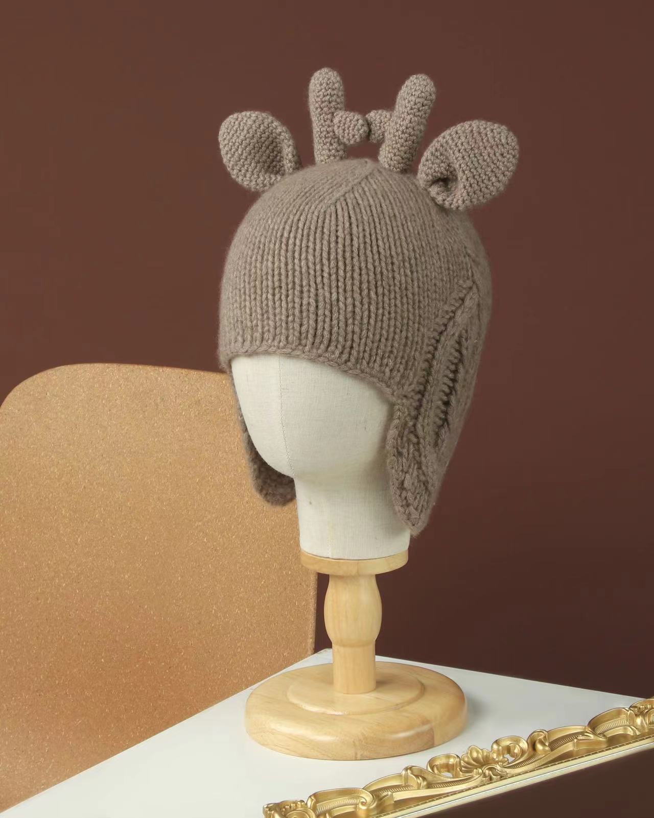 100% Pure Cashmere Hand-Knitted Deer Hat for Kids & Small Adults