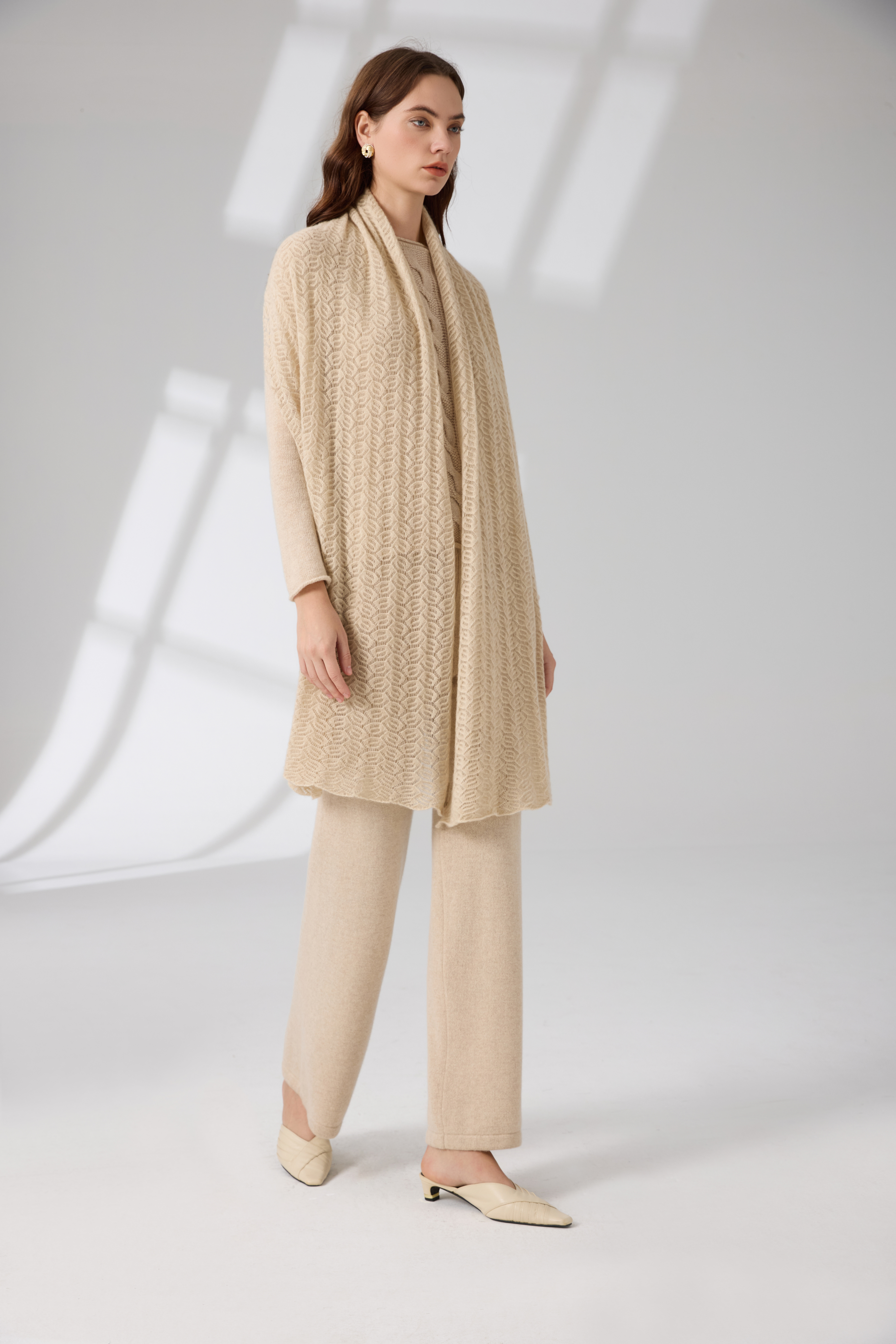 100% Pure Cashmere Leaf Openwork Scarf – Organic Undyed Oatmeal