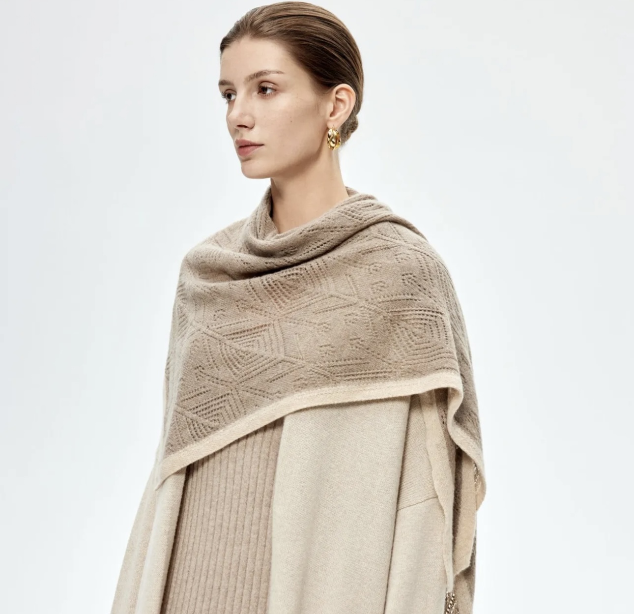 100% Pure Cashmere Geometric Triangle Shawl in Soft Taupe