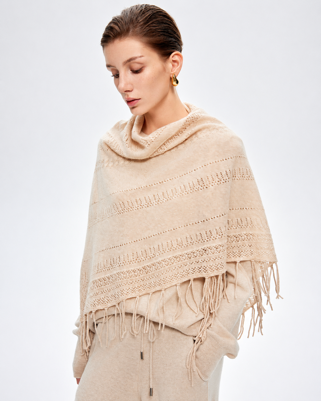 100% Pure Cashmere Oatmeal Fringed Triangle Shawl