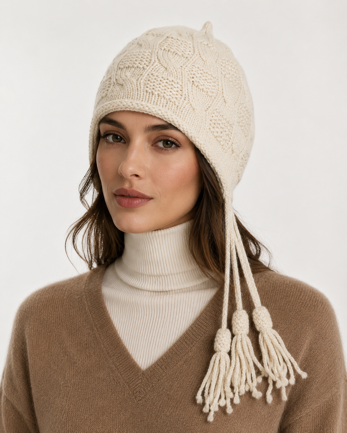 100% Pure Cashmere Hand-Knitted Tassel Earflap Hat