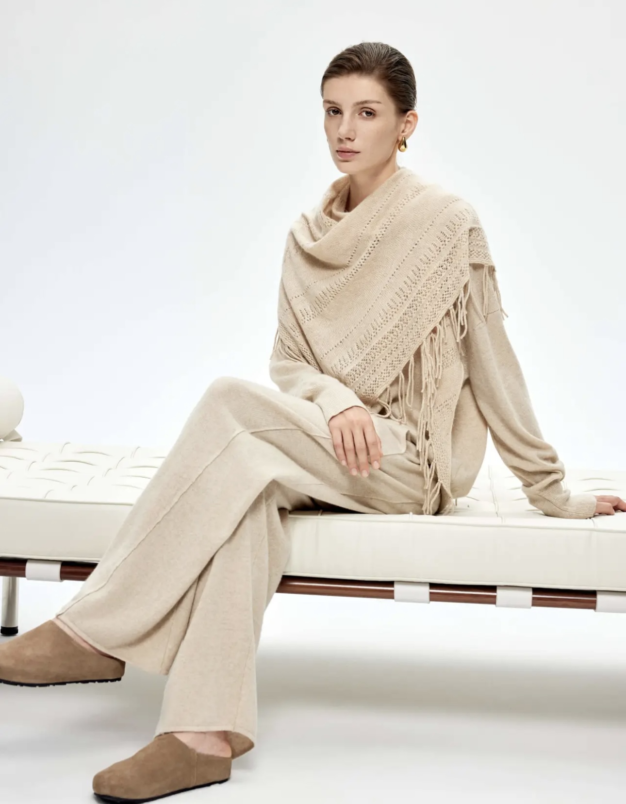 100% Pure Cashmere Oatmeal Fringed Triangle Shawl