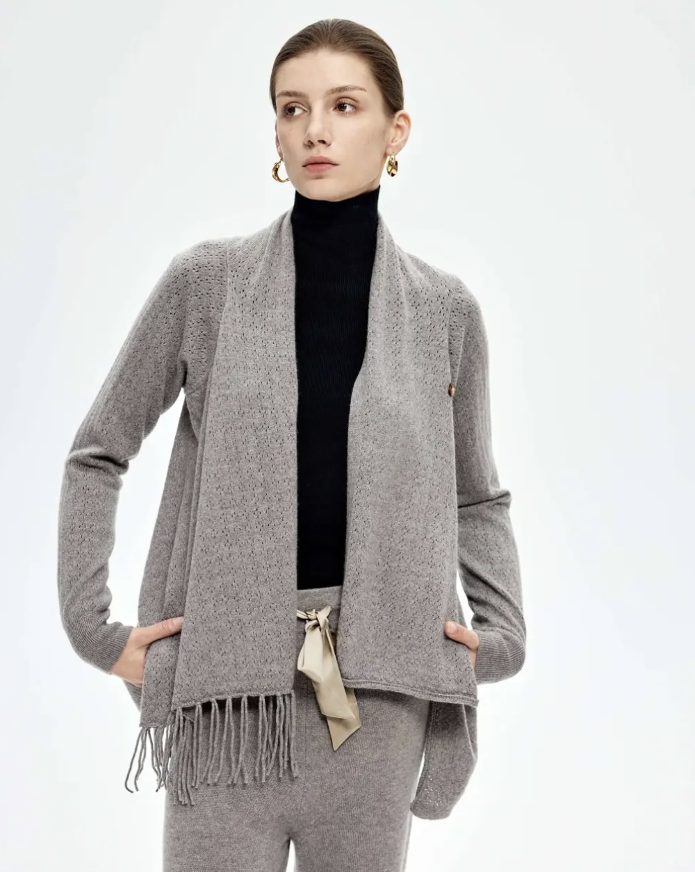 100% Pure Cashmere Fringe Shawl Cardigan Top