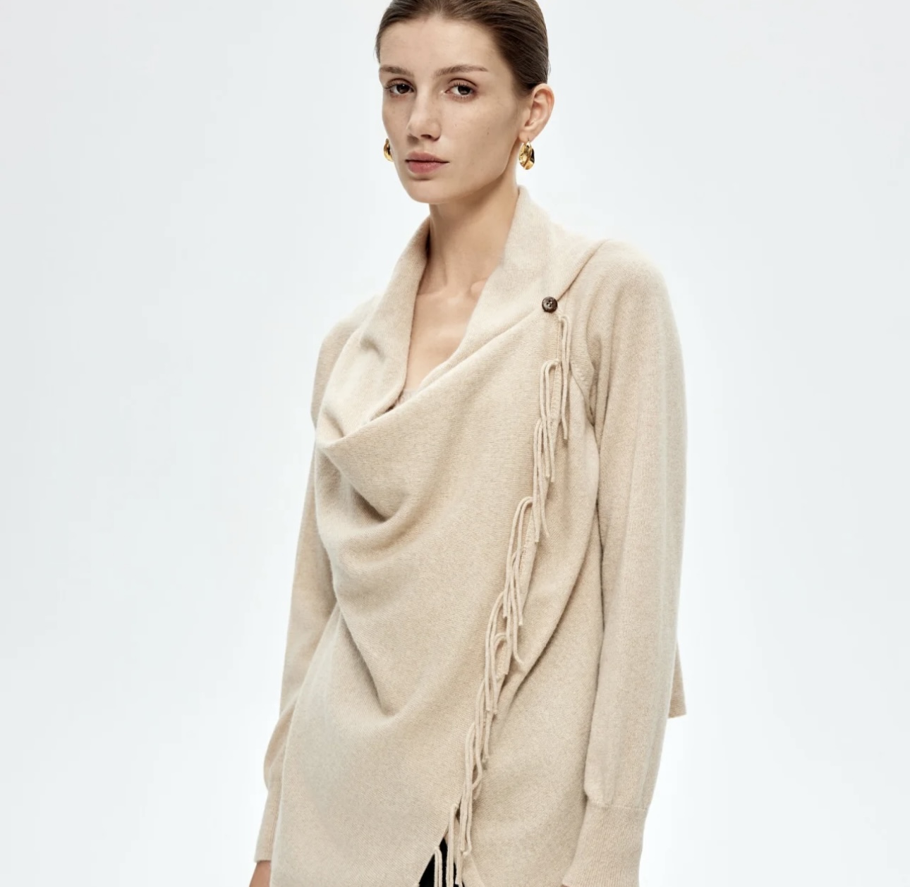 100% Pure Cashmere Sleeved Wrap Shawl | One-Button Draped Design | Organic Undyed