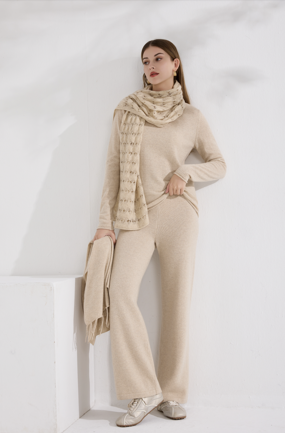 100% Pure Cashmere Openwork Lace Scarf – Organic Undyed Beige