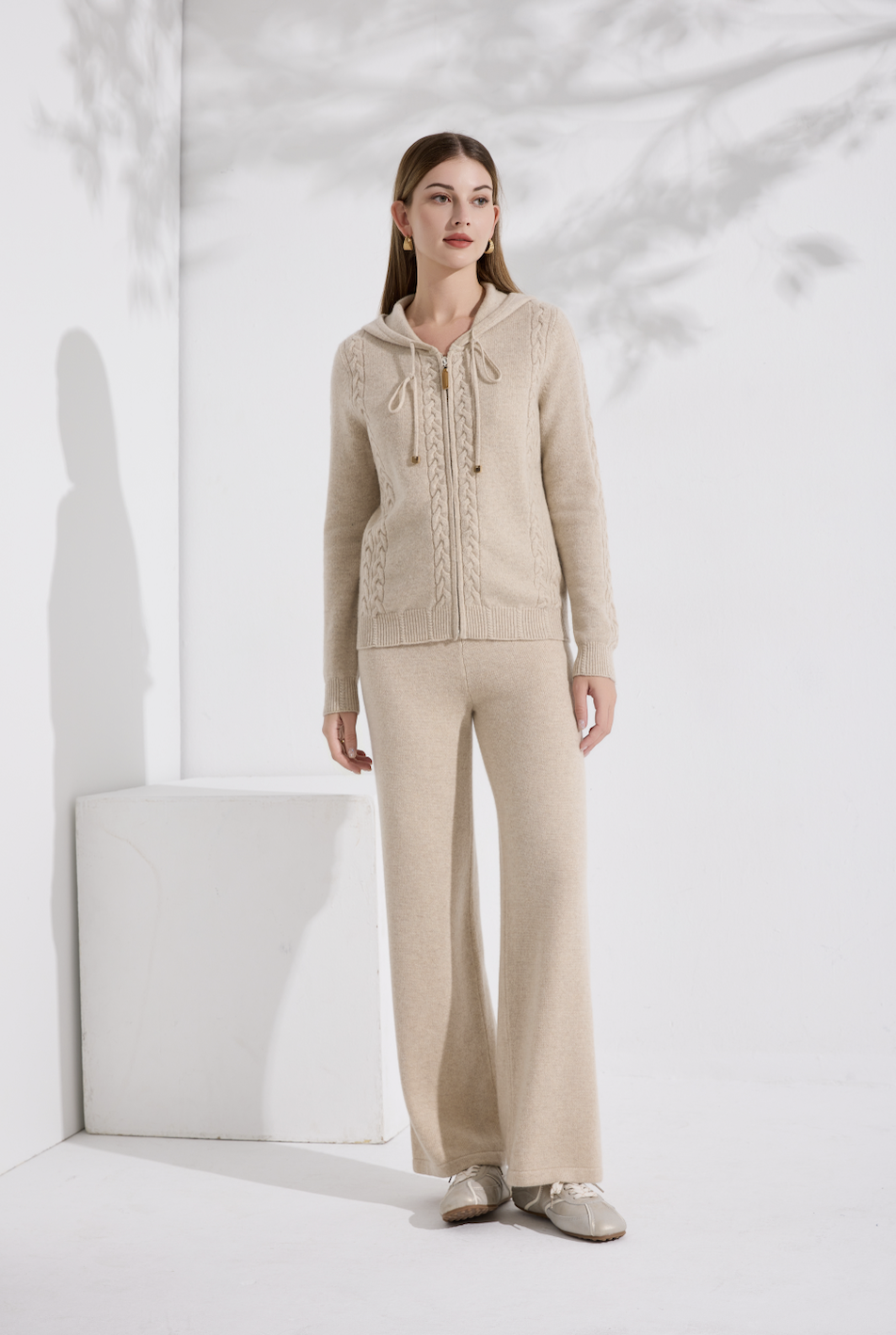 Women’s 100% Pure Cashmere Undyed Oatmeal Hooded Knit Jacket