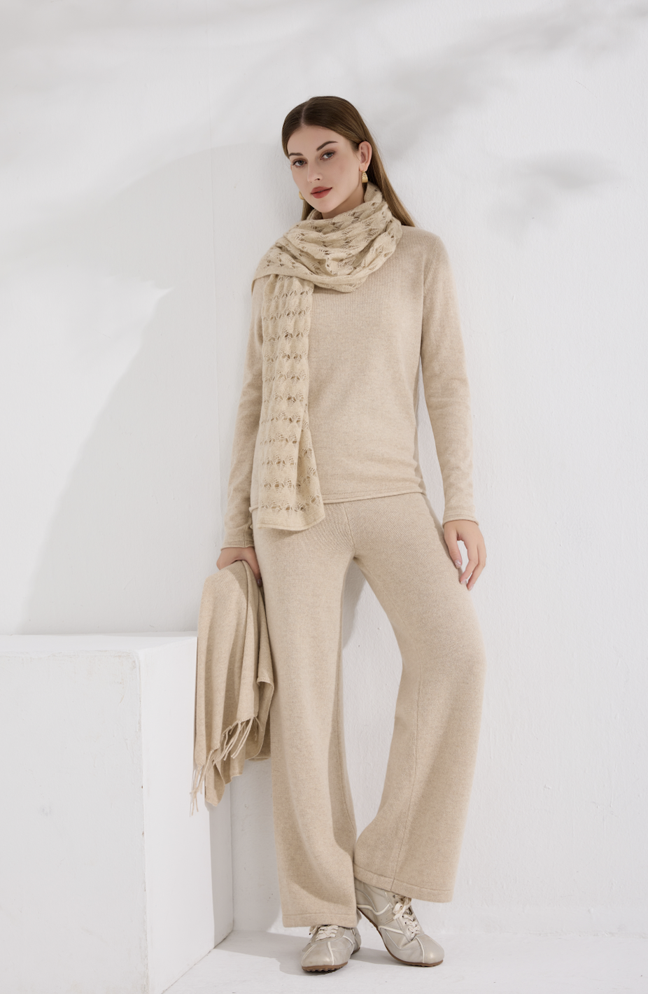 100% Pure Cashmere Openwork Lace Scarf – Organic Undyed Beige