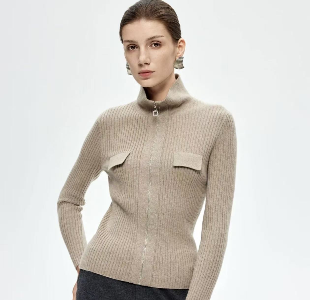 100% Pure Cashmere Ribbed Zip Cardigan