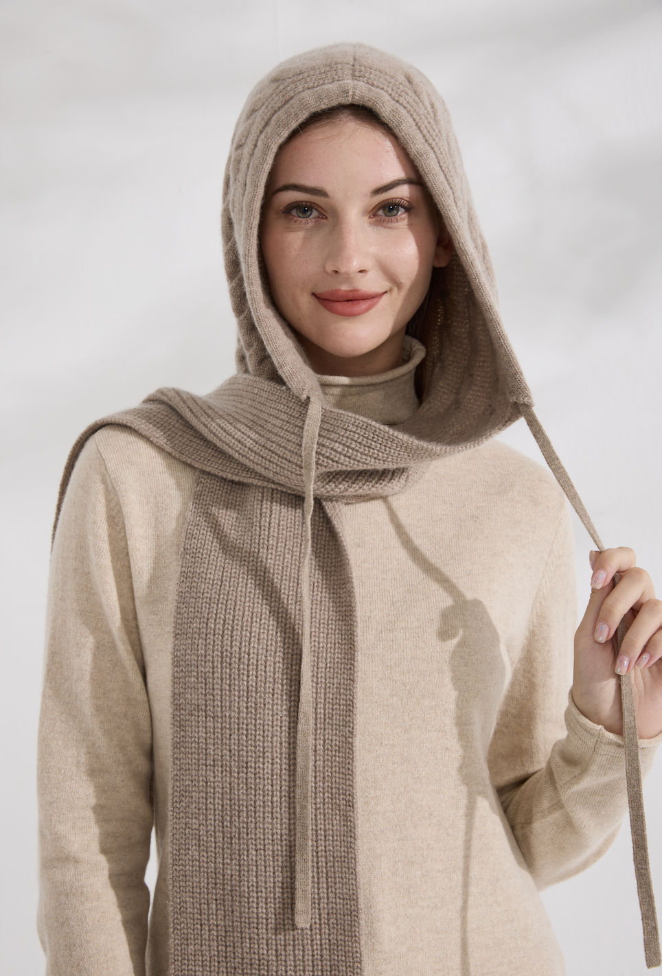 100% Pure Cashmere Cable Knit Hooded Scarf
