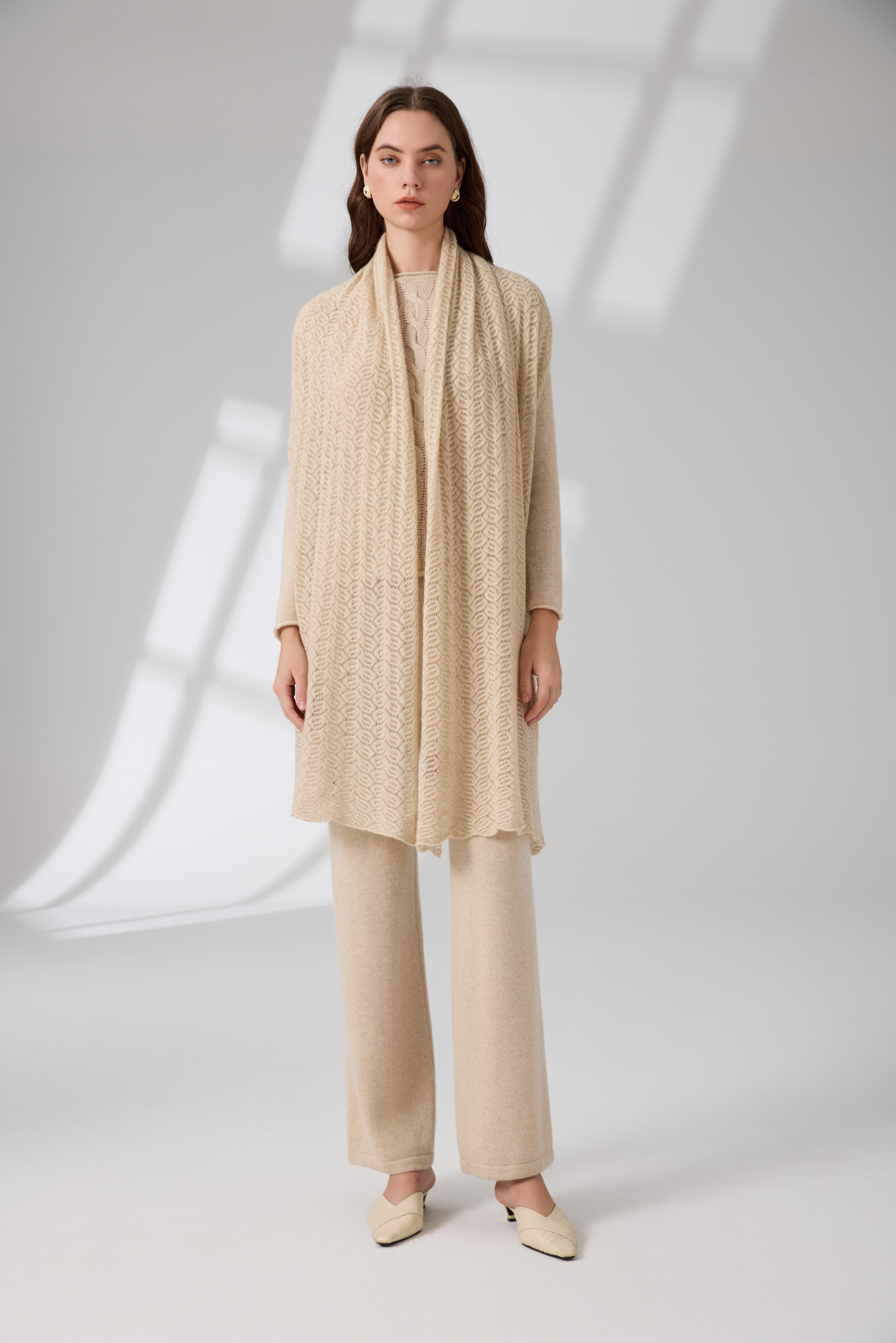 100% Pure Cashmere Leaf Openwork Scarf – Organic Undyed Oatmeal