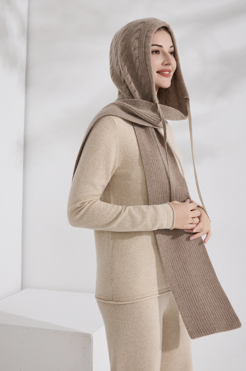 100% Pure Cashmere Cable Knit Hooded Scarf