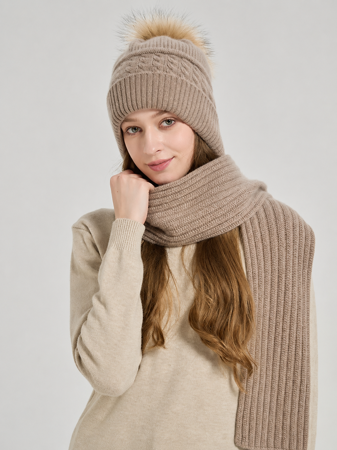 100% Pure Cashmere Cable-Knit Pom-Pom Hooded Scarf