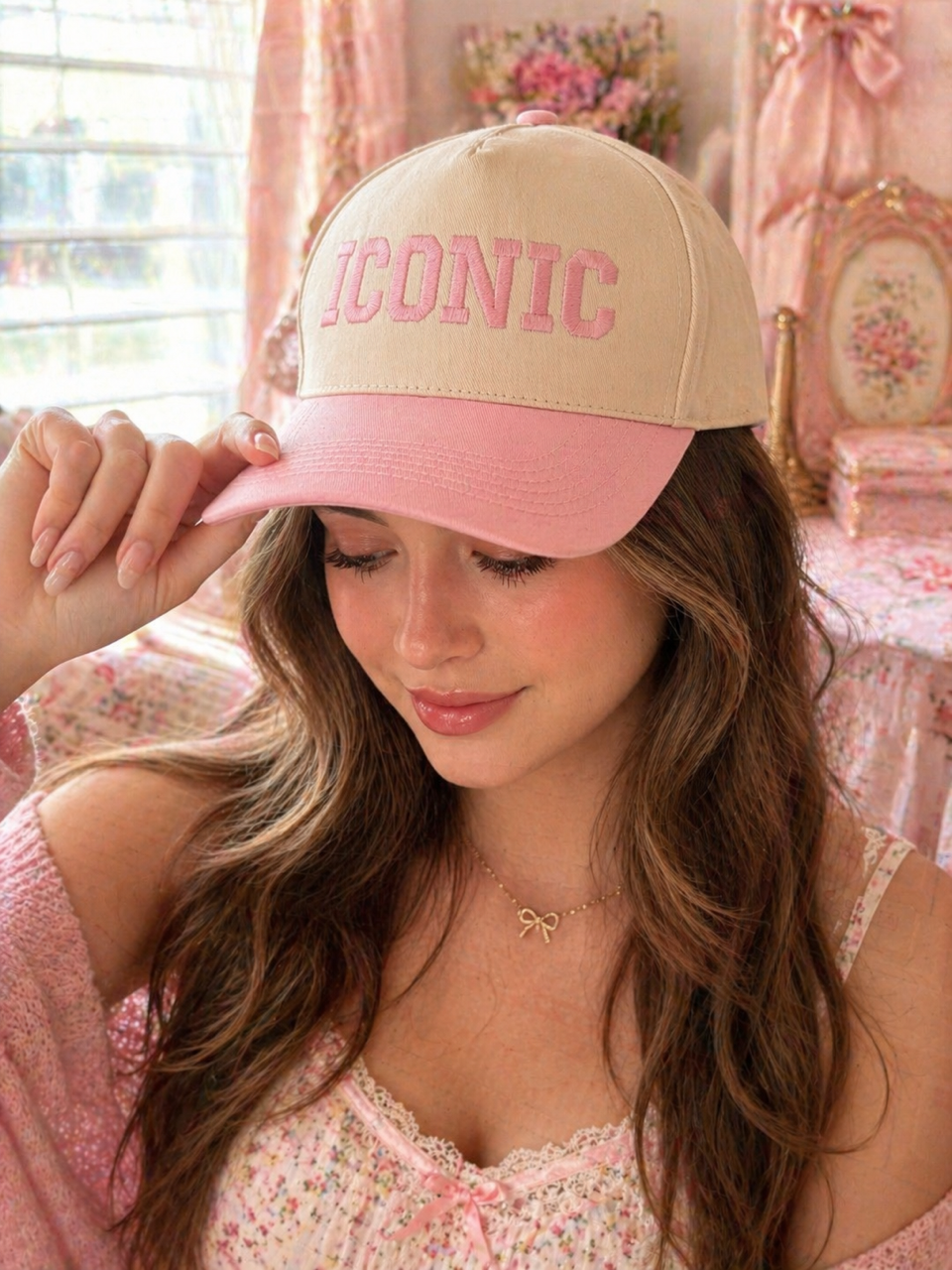 Iconic Embroidered Cap in Pink and Beige 