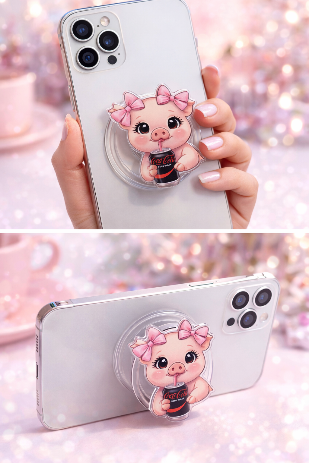 Cute Piglet Drinking Soda Cell Phone Pop Grip (Non-Magnetic)
