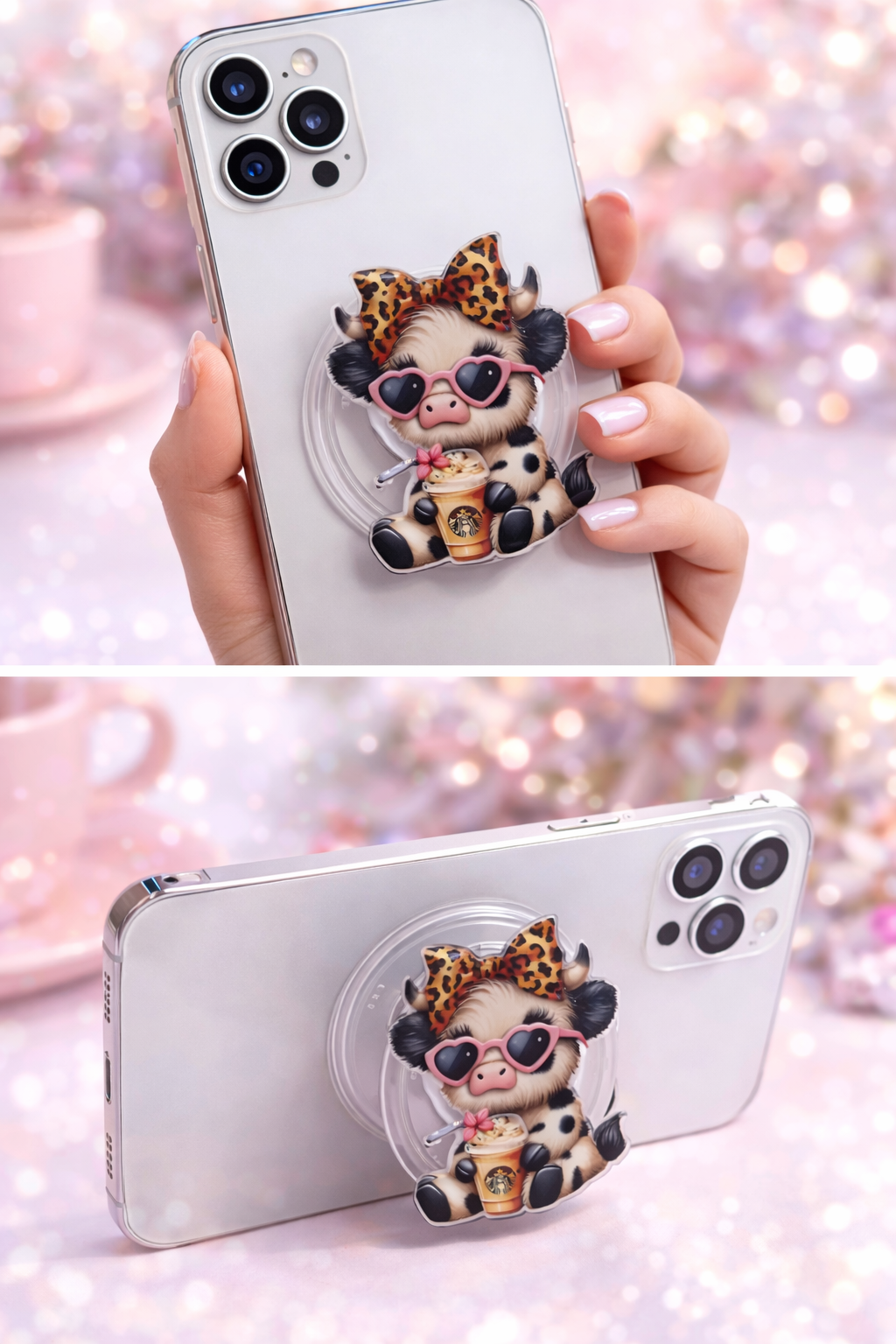 Cute Leopard Cow Drinking Coffee Cell Phone Pop Grip (Non-Magnetic)