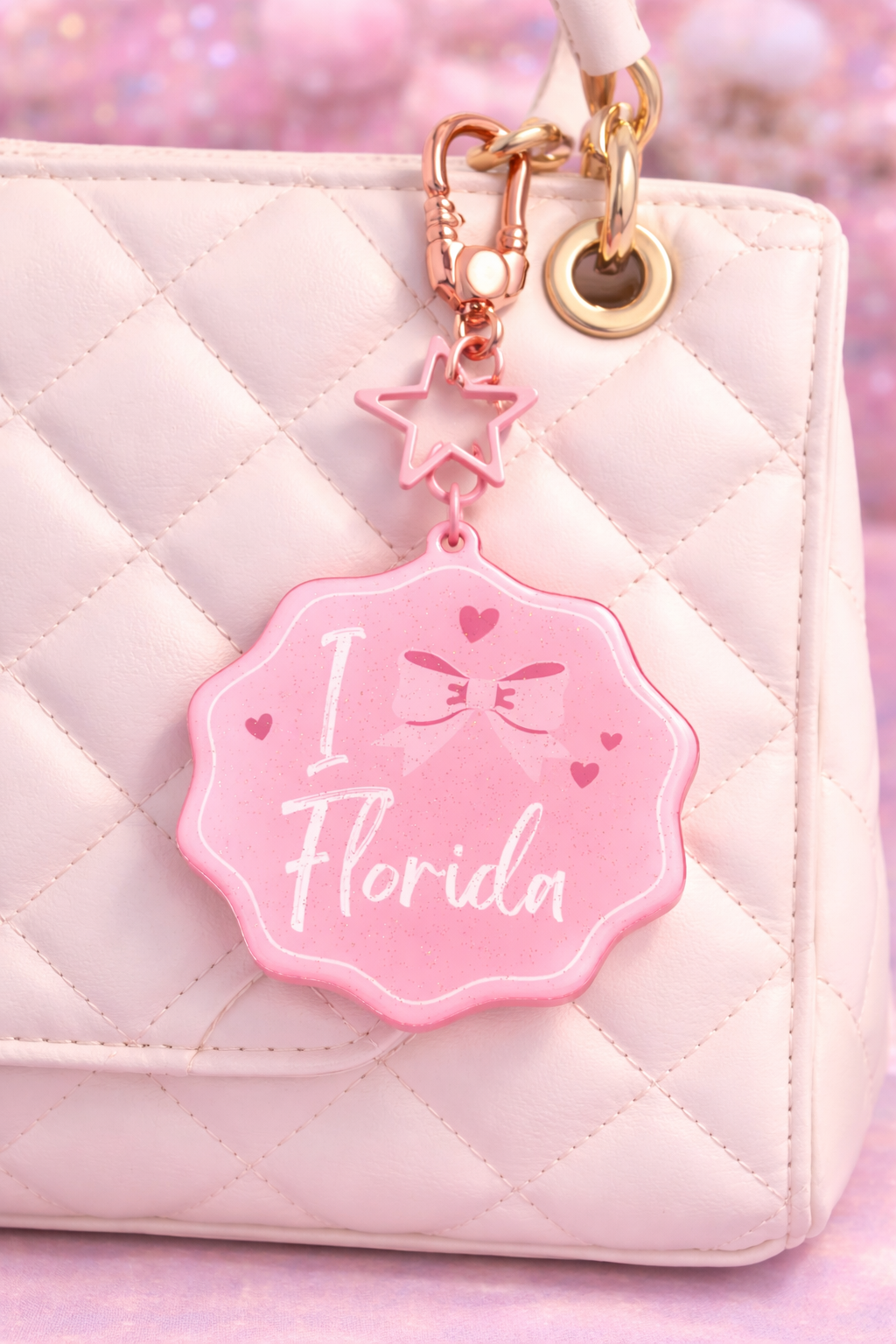 Cute Pink Glitter I Bow (Love) Florida Keychain/Bag Charm Coquette Style 