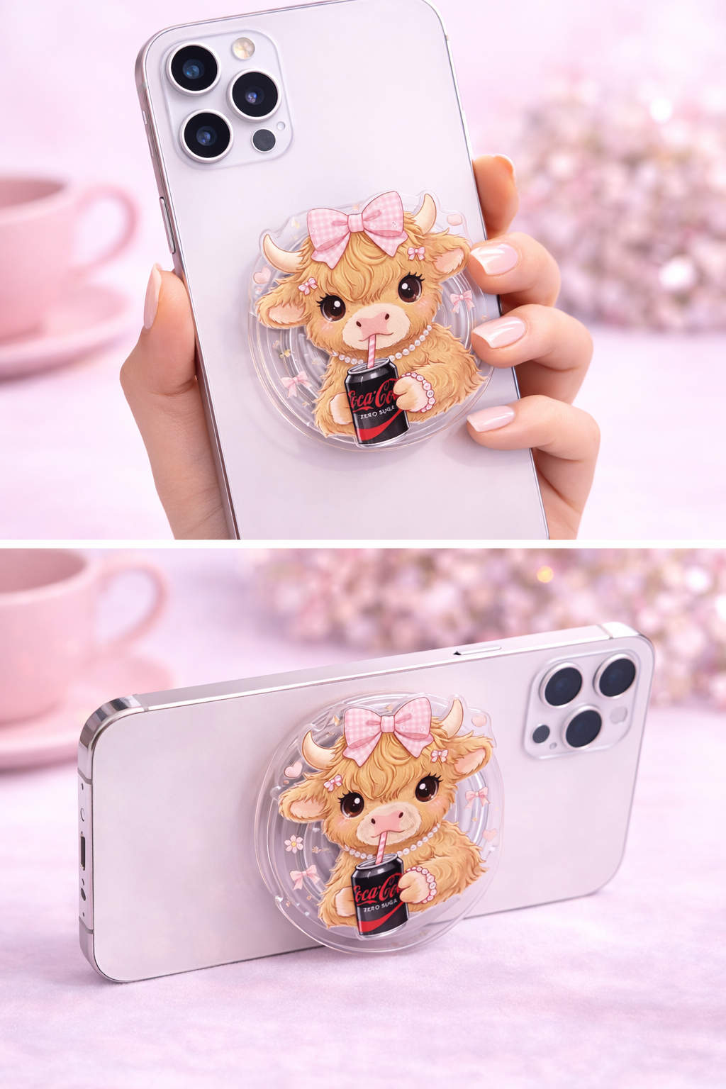  Cute Girly Pink Bow Highland Cow Drinking Soda Cell Phone Pop Grip (Non-Magnetic)
