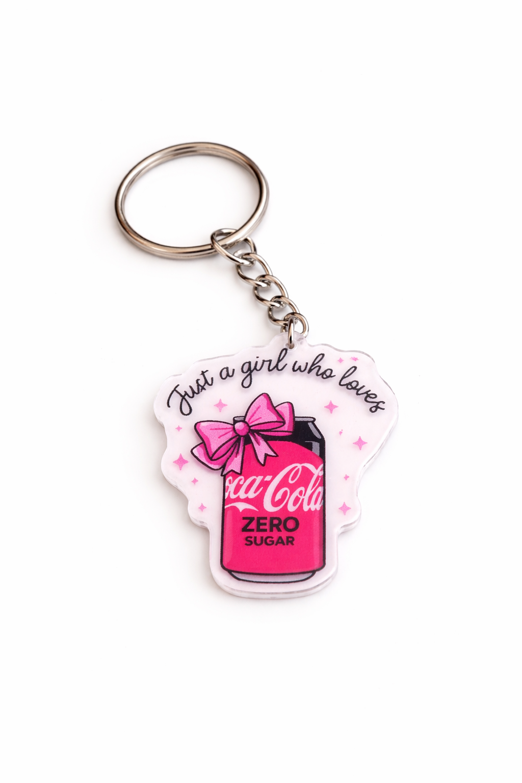 Cute Coquette Soda Keychain with pink bow, coquette style  that says Just A Girl Who Loves soda