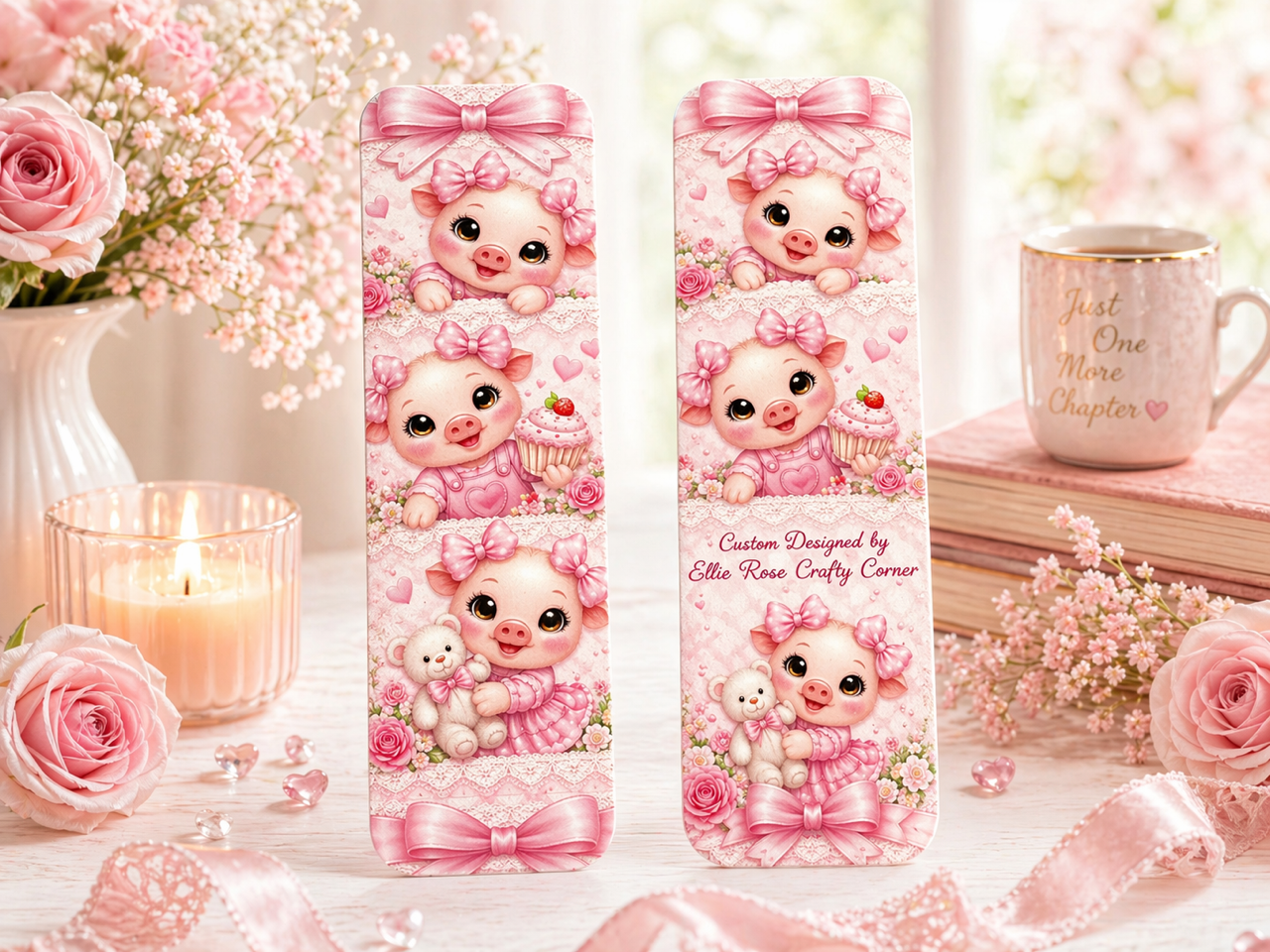 Cute Piglet Floral Bookmark Set