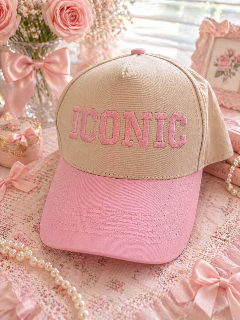 Iconic Embroidered Cap in Pink and Beige 