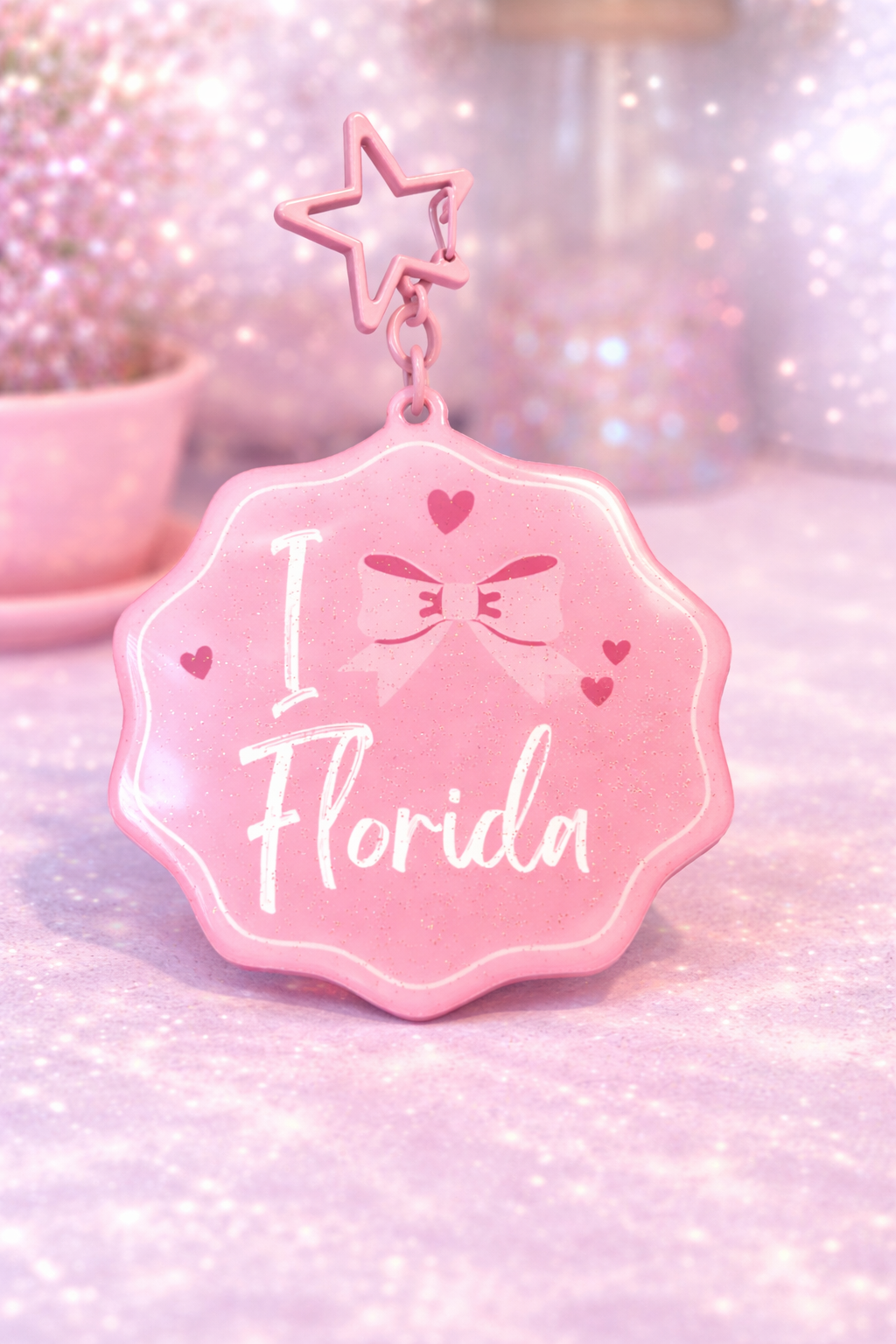 Cute Pink Glitter I Bow (Love) Florida Keychain/Bag Charm Coquette Style 
