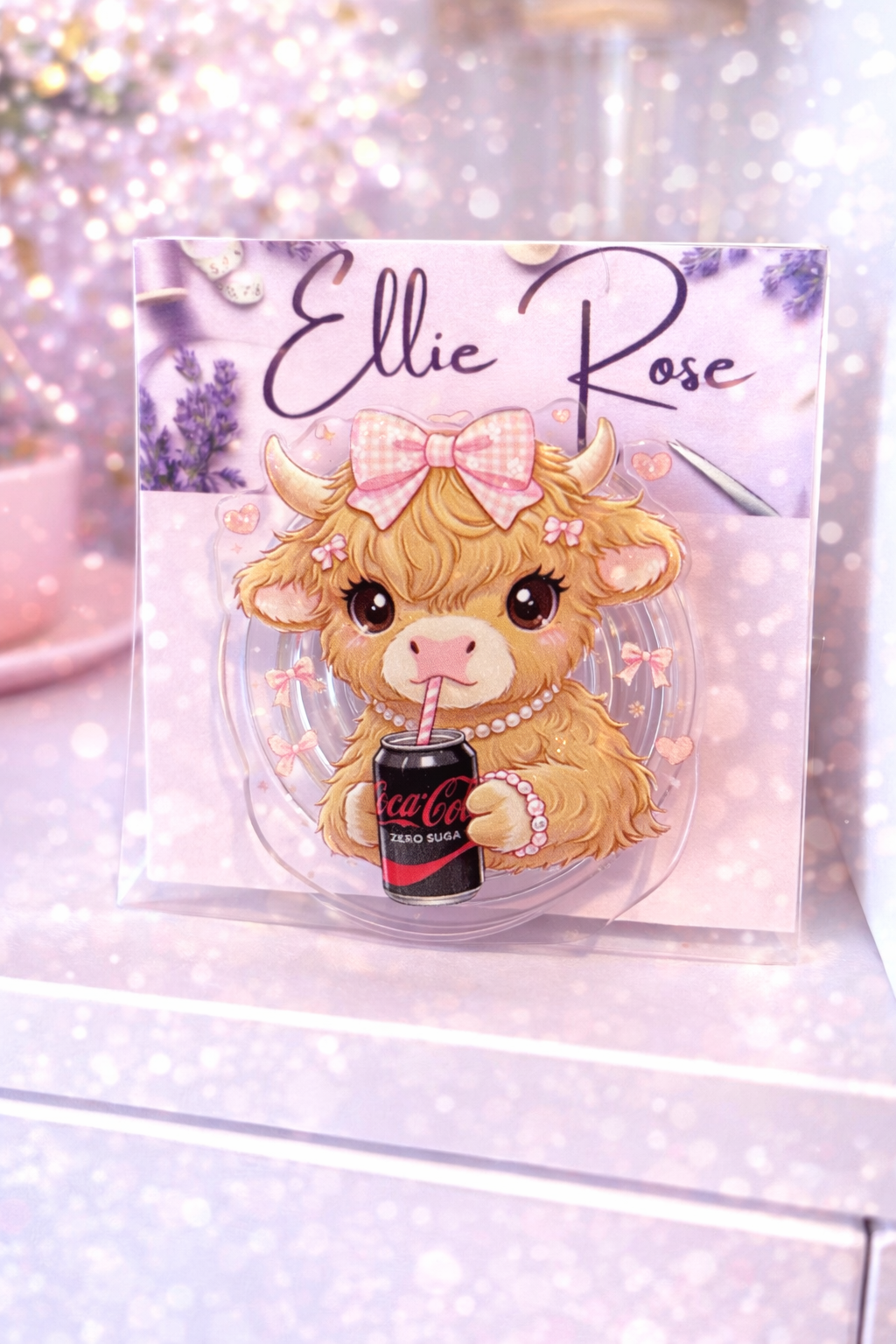  Cute Girly Pink Bow Highland Cow Drinking Soda Cell Phone Pop Grip (Non-Magnetic)