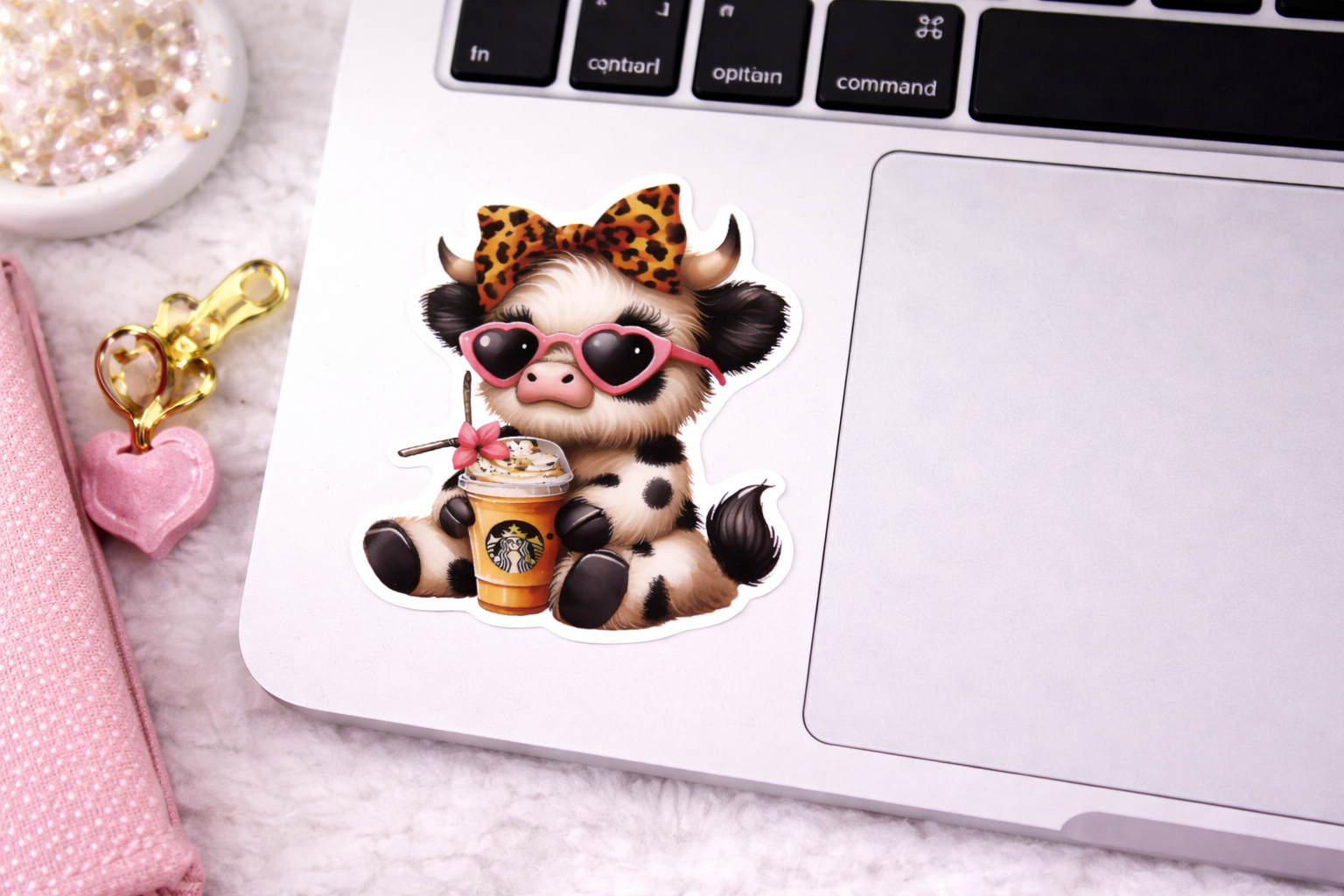 Cute Leopard Cow Drinking Ice Coffee  Sticker