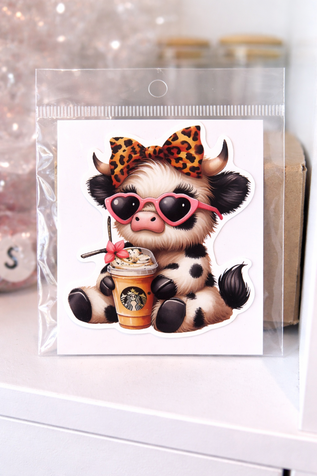 Cute Leopard Cow Drinking Ice Coffee  Sticker